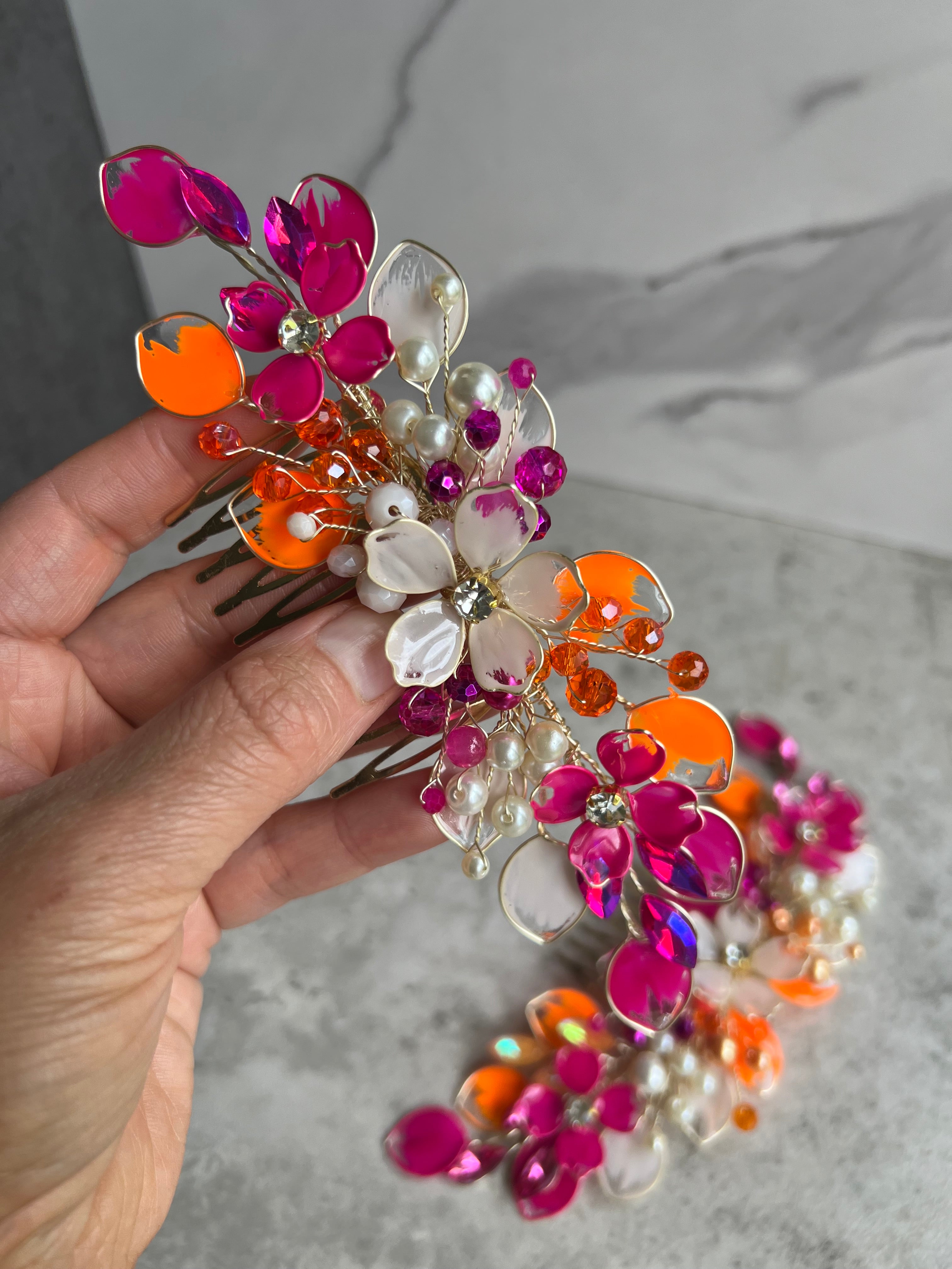 Orange, Fucshia and Beige floral comb and earrings