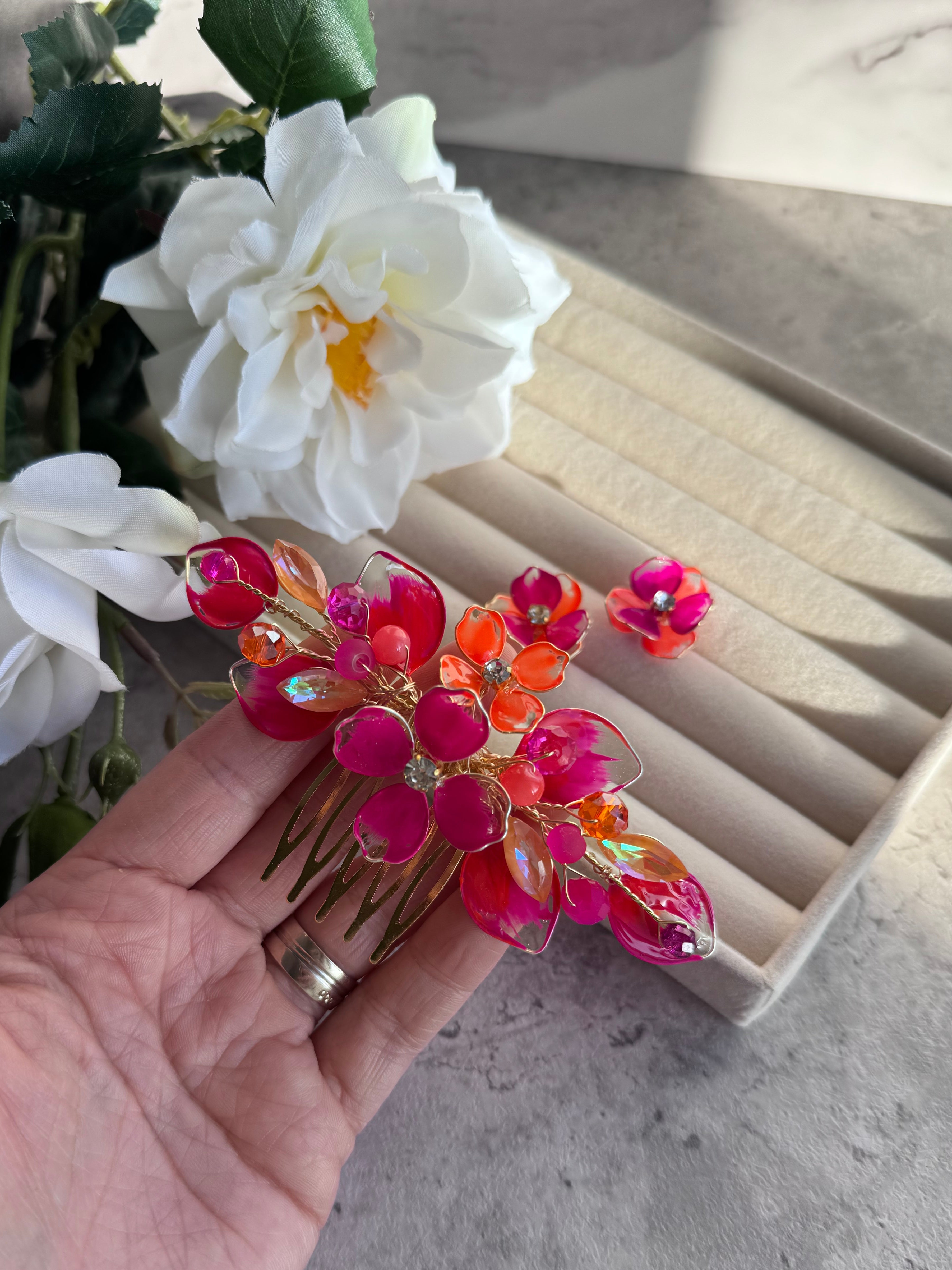 Fucshia and Orange Bloom Mini Comb And Earrings