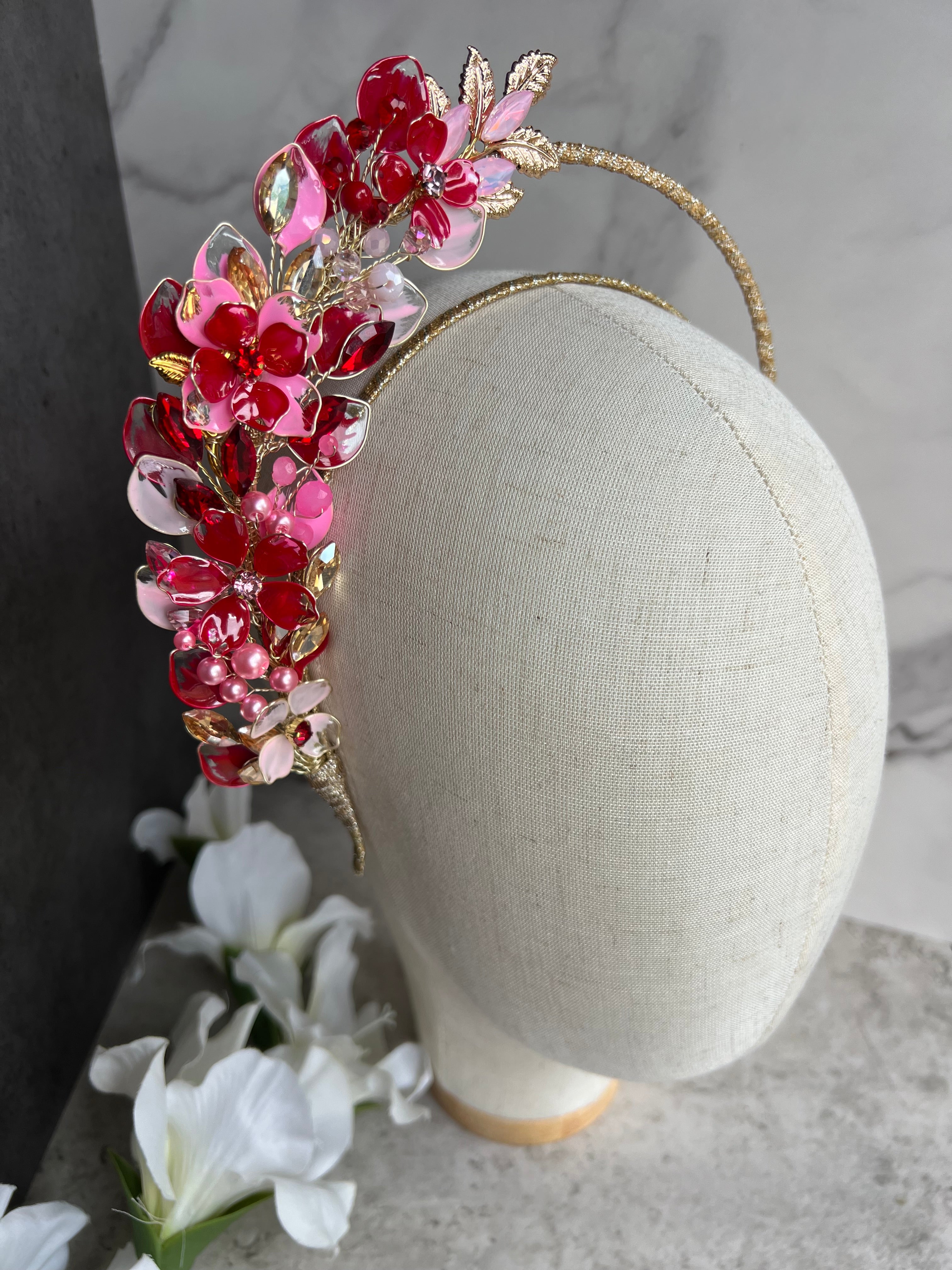 Pink and red Half halo heapdiece