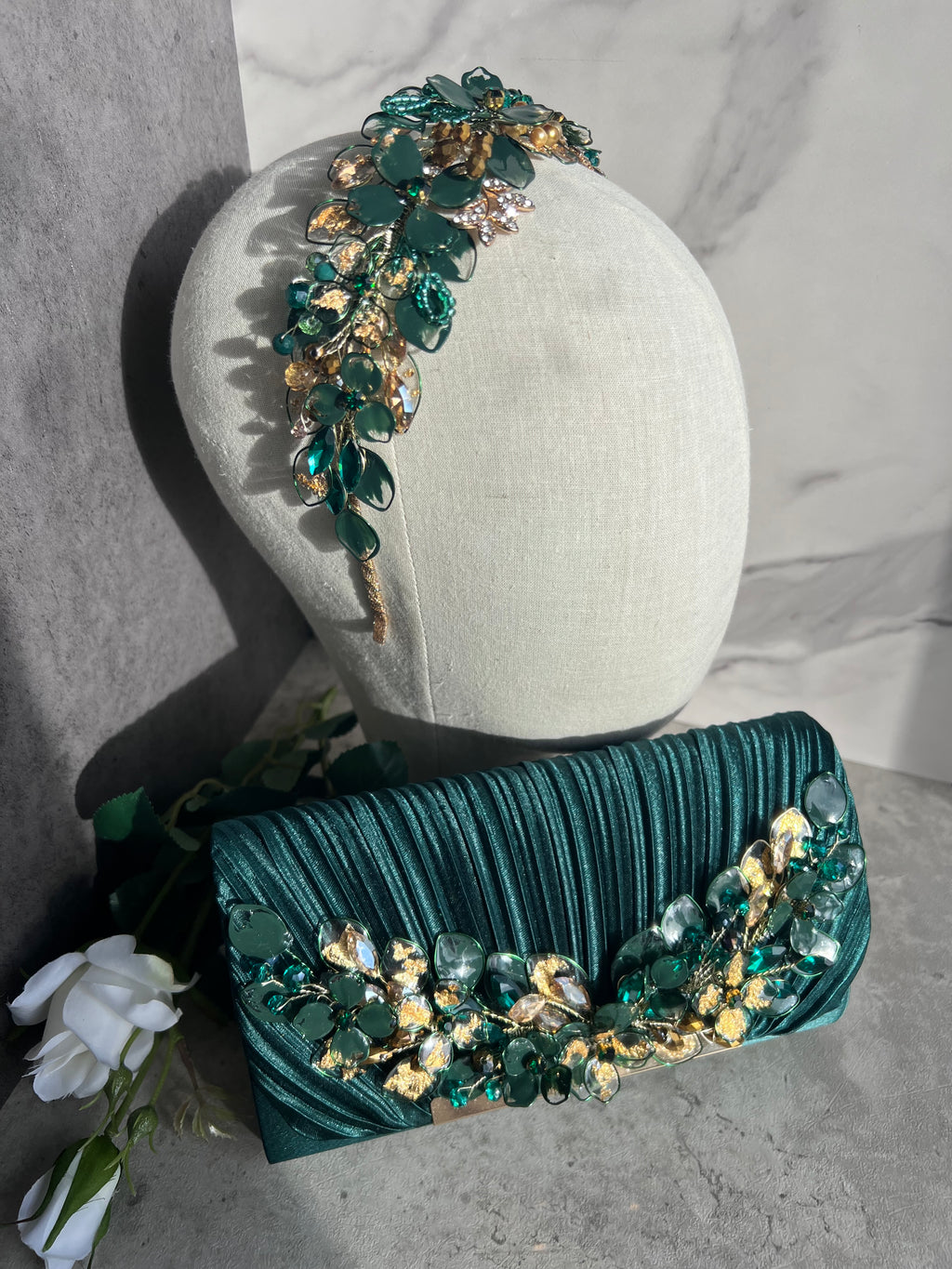 Forest green and Gold Wedding guest Heapdiece
