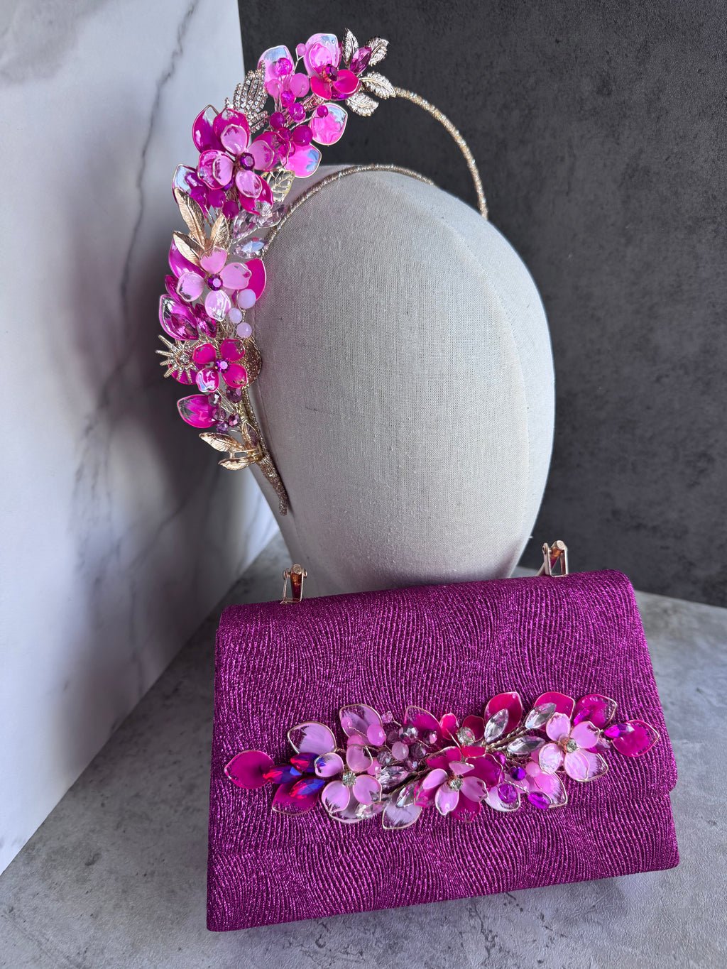 Rental Fuchsia and Pink Half halo wedding guest headpiece