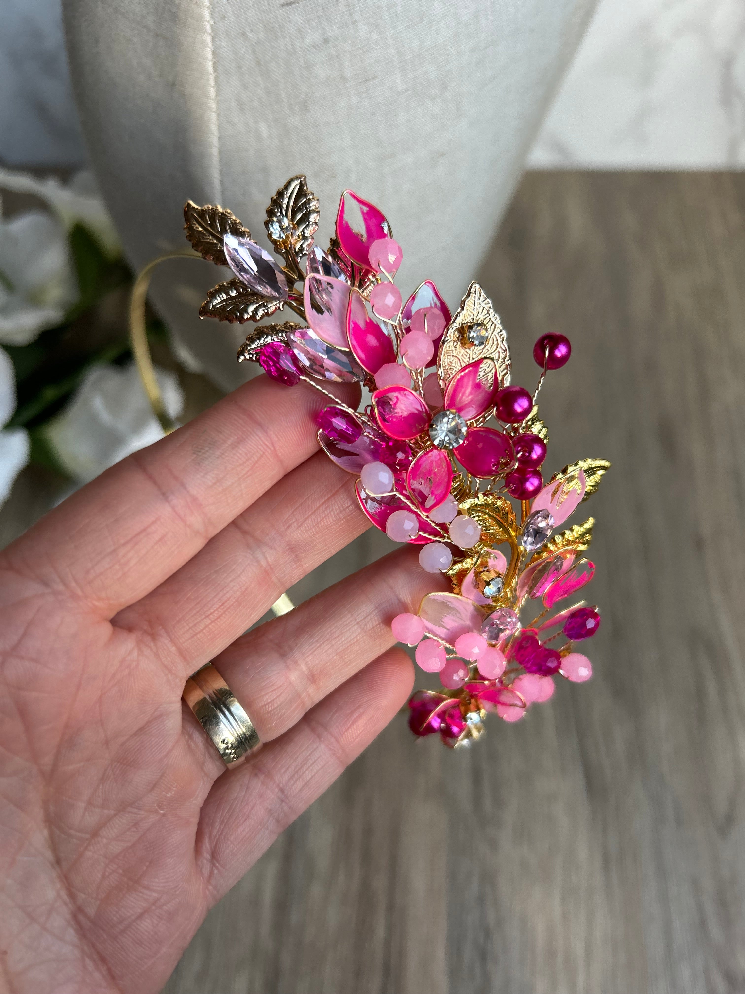 pink and gold headpiece