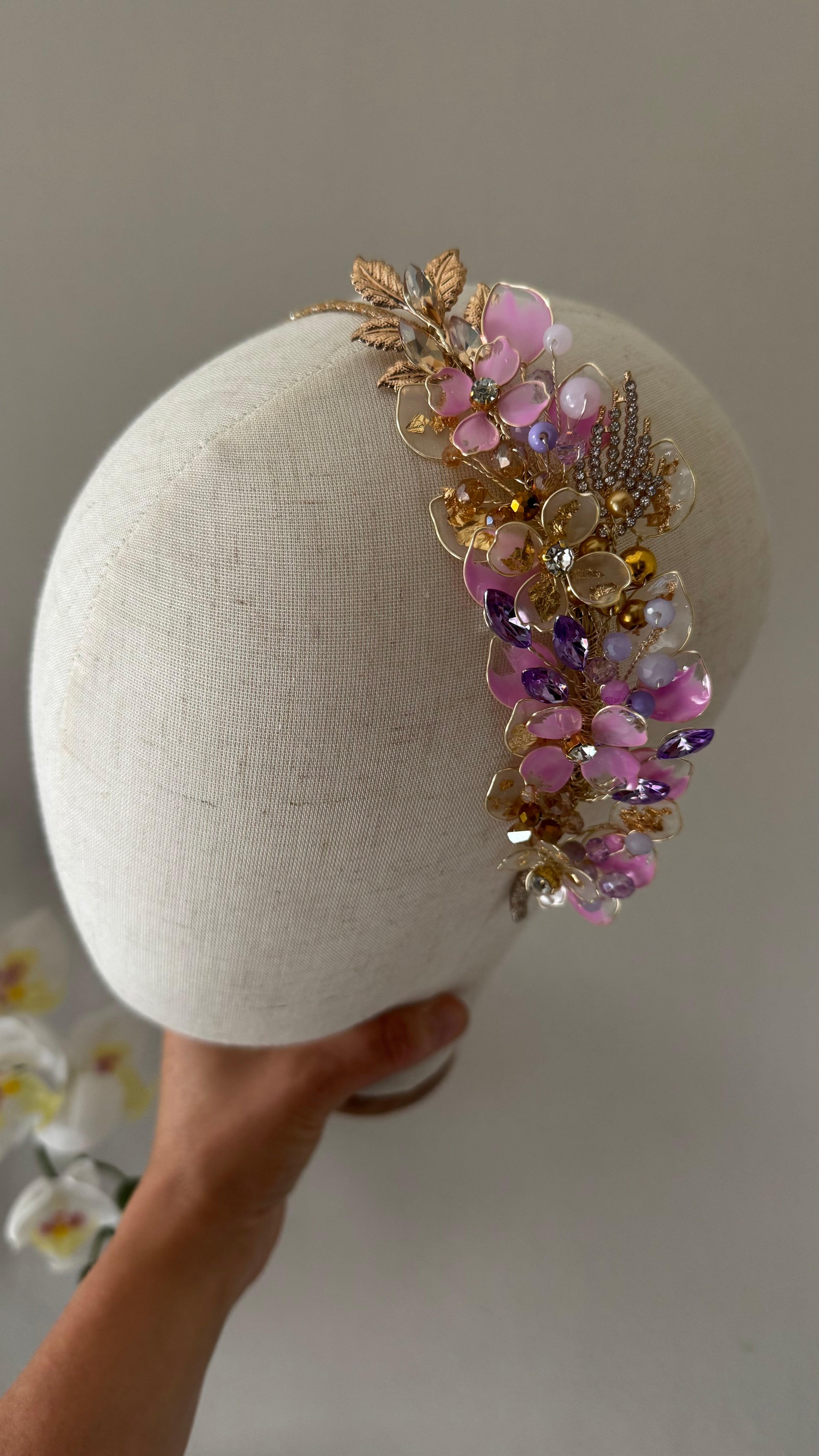 Lilac and Gold side wedding guest Heapdiece
