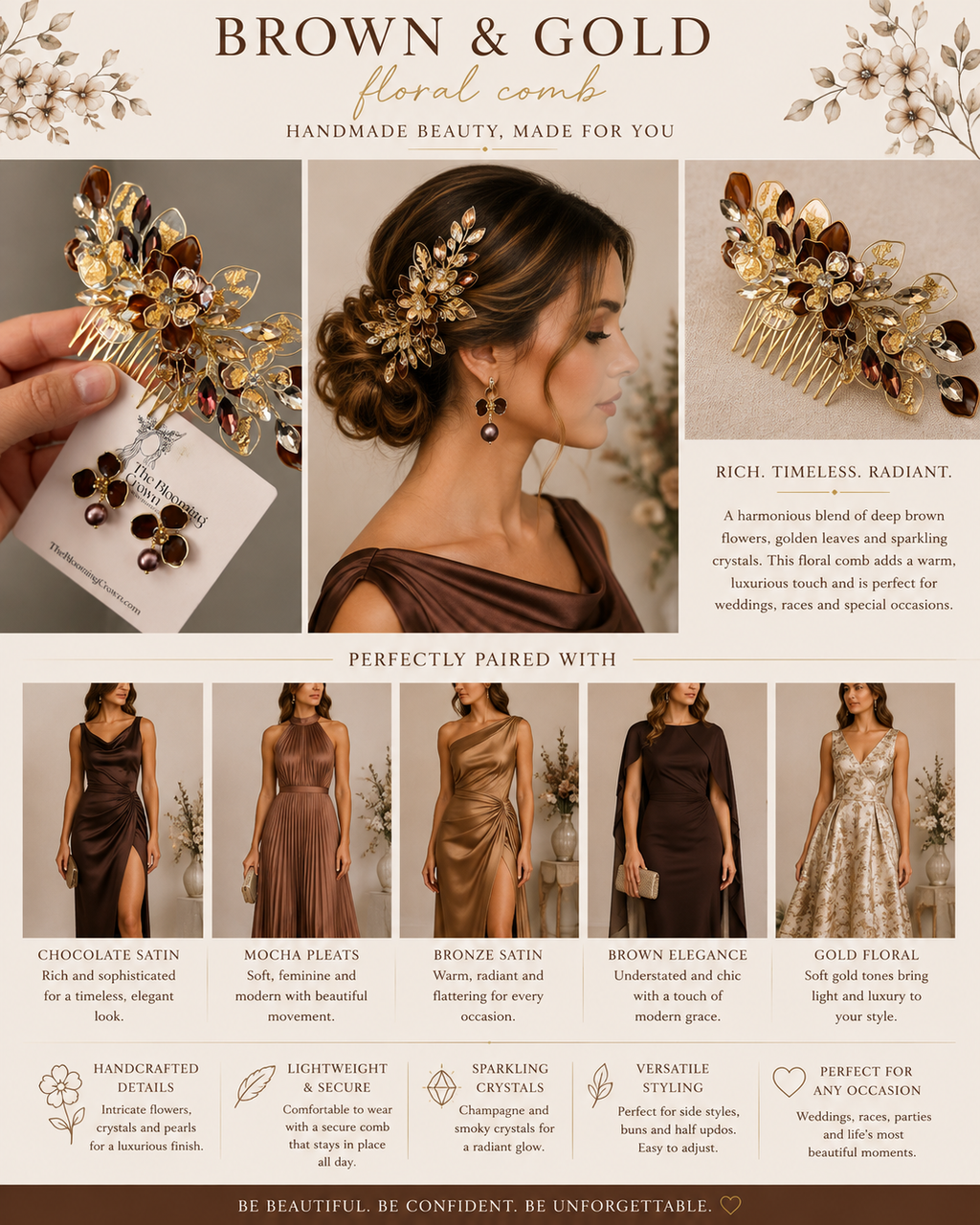 Brown and Gold Comb and Earrings