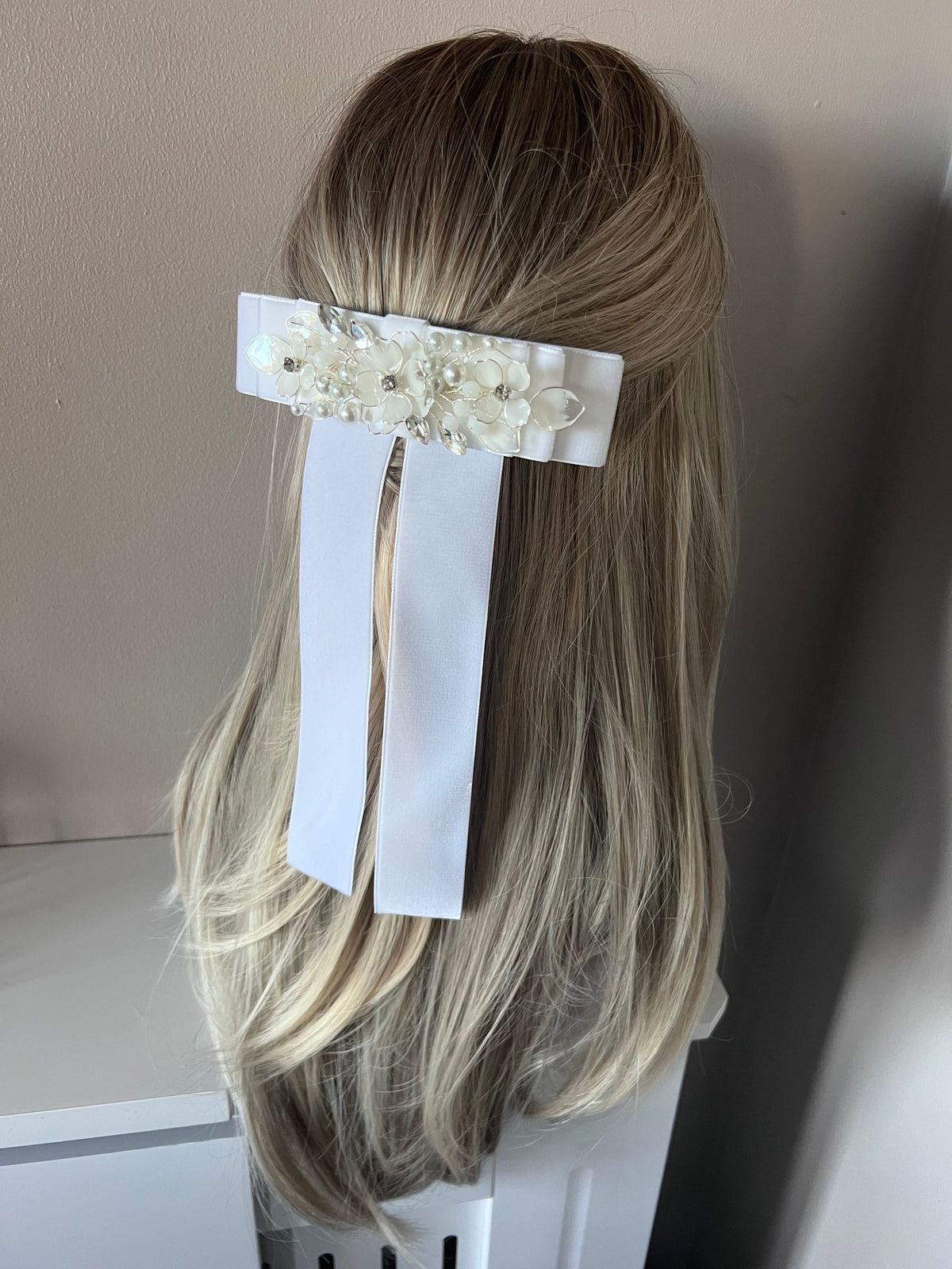Wide Velvet Bow Clip with Pearl & Floral Detail Wide Velvet Bow Clip with Pearl & Floral Detail Precius pearls