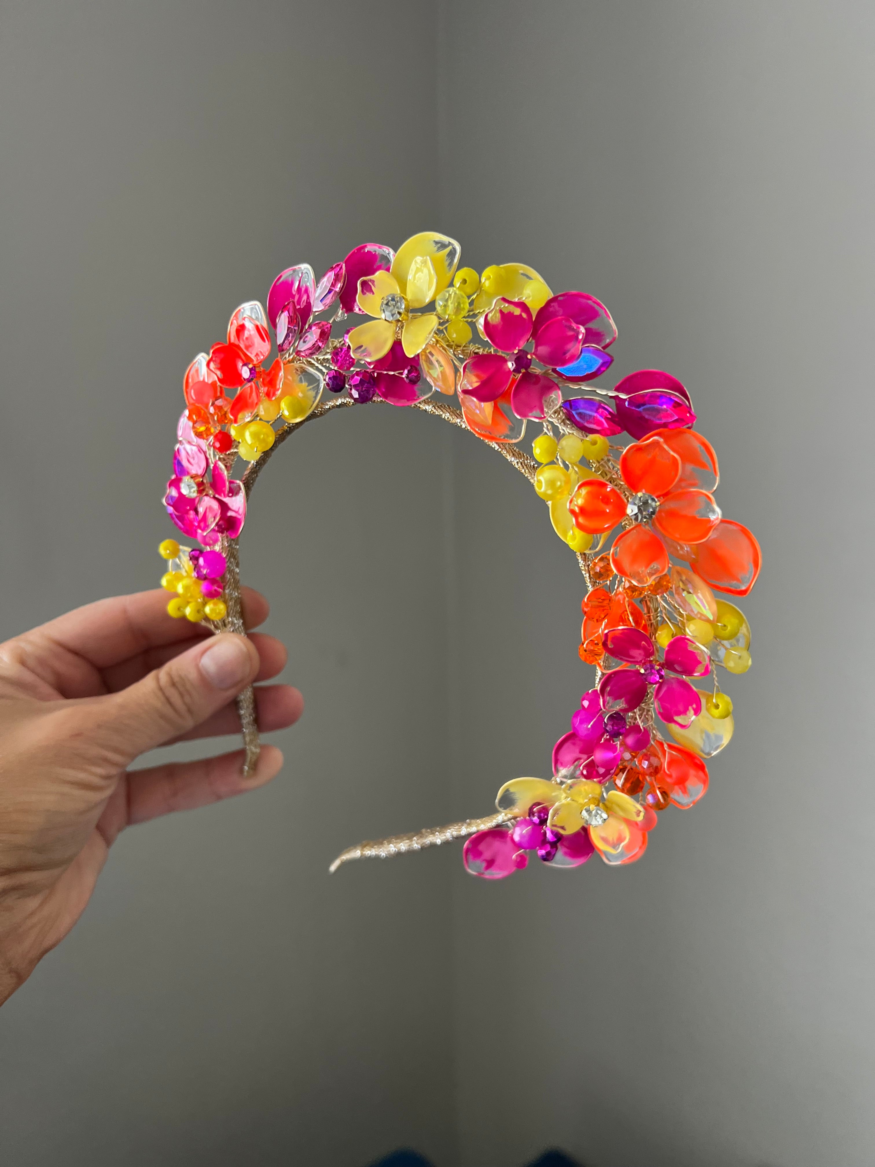 Yellow, Fucshia and Orange wedding guest halo