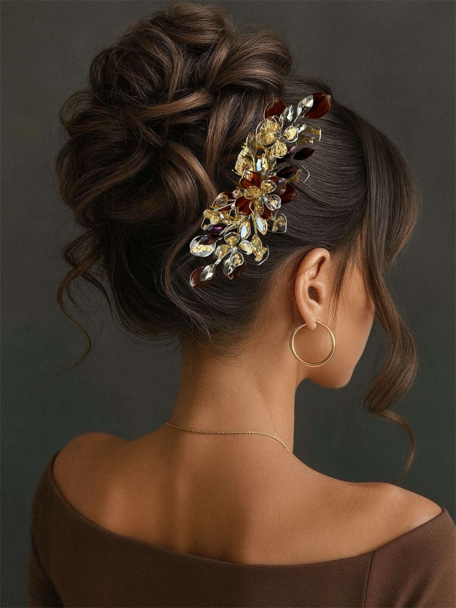 Brown and Gold Comb and Earrings