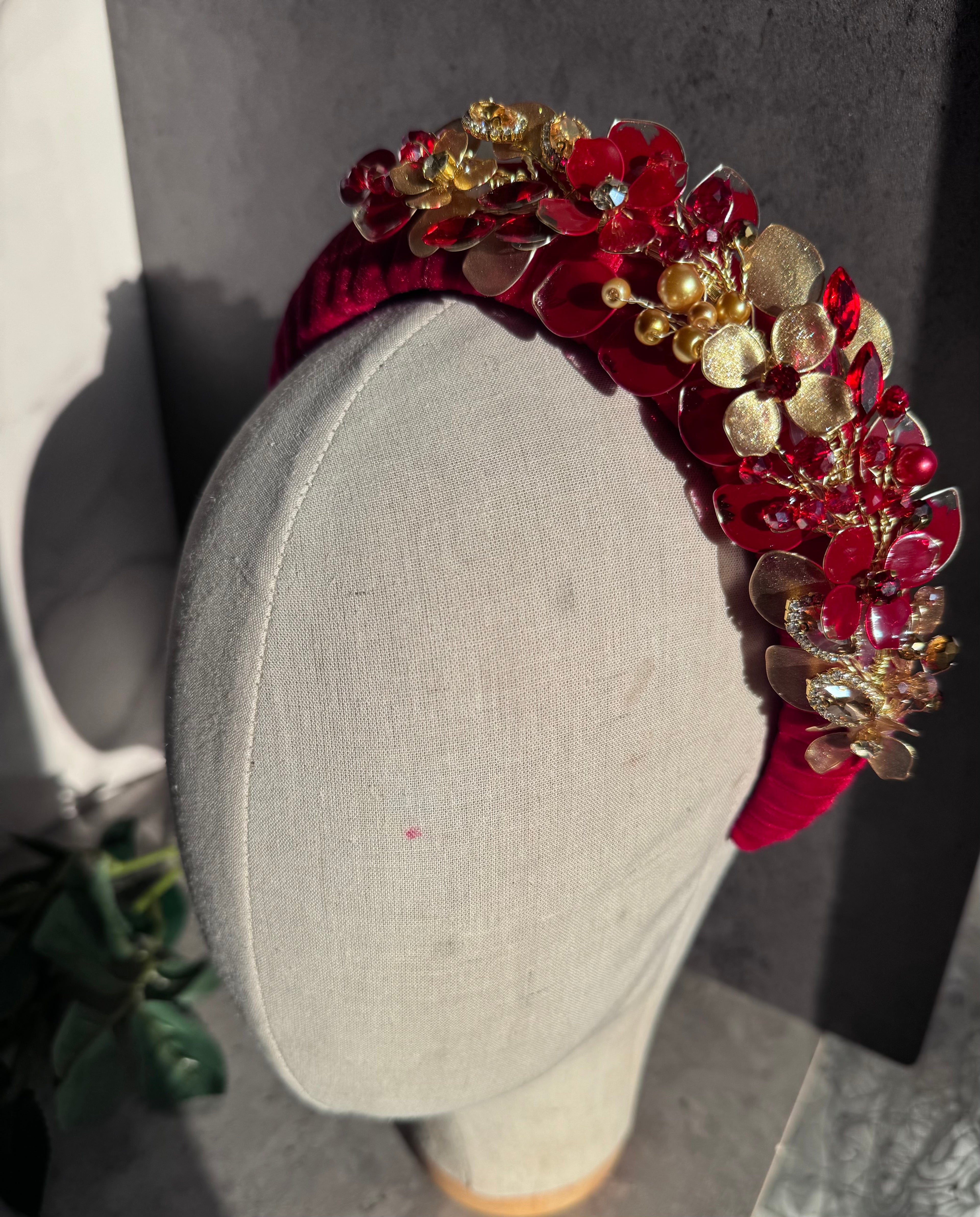 Red headpiece and bag