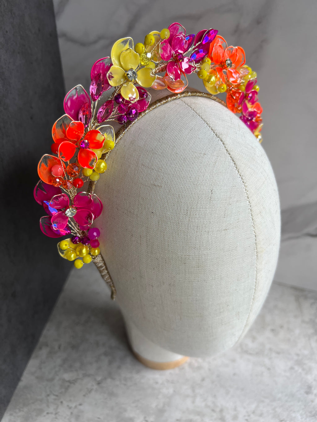 Yellow, Fucshia and Orange wedding guest halo