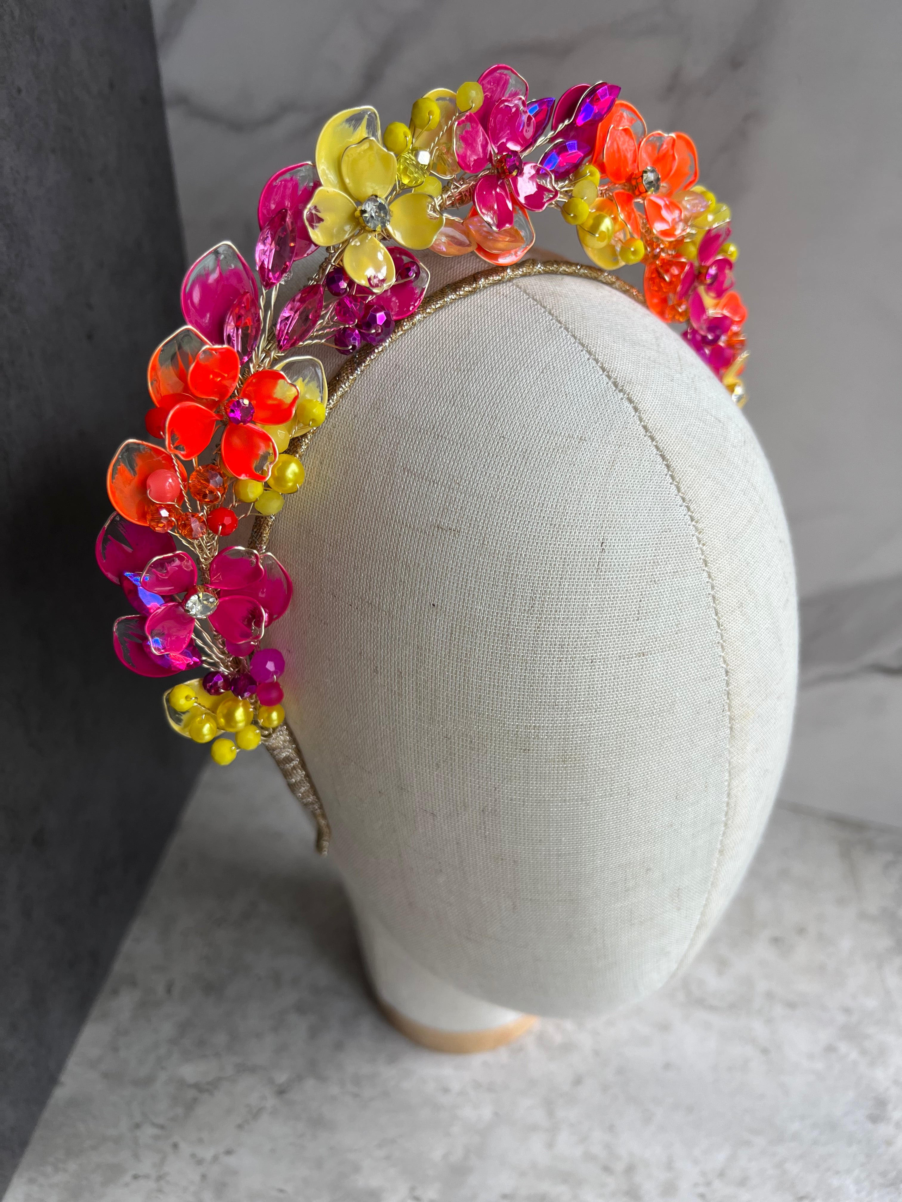 Yellow, Fucshia and Orange wedding guest halo