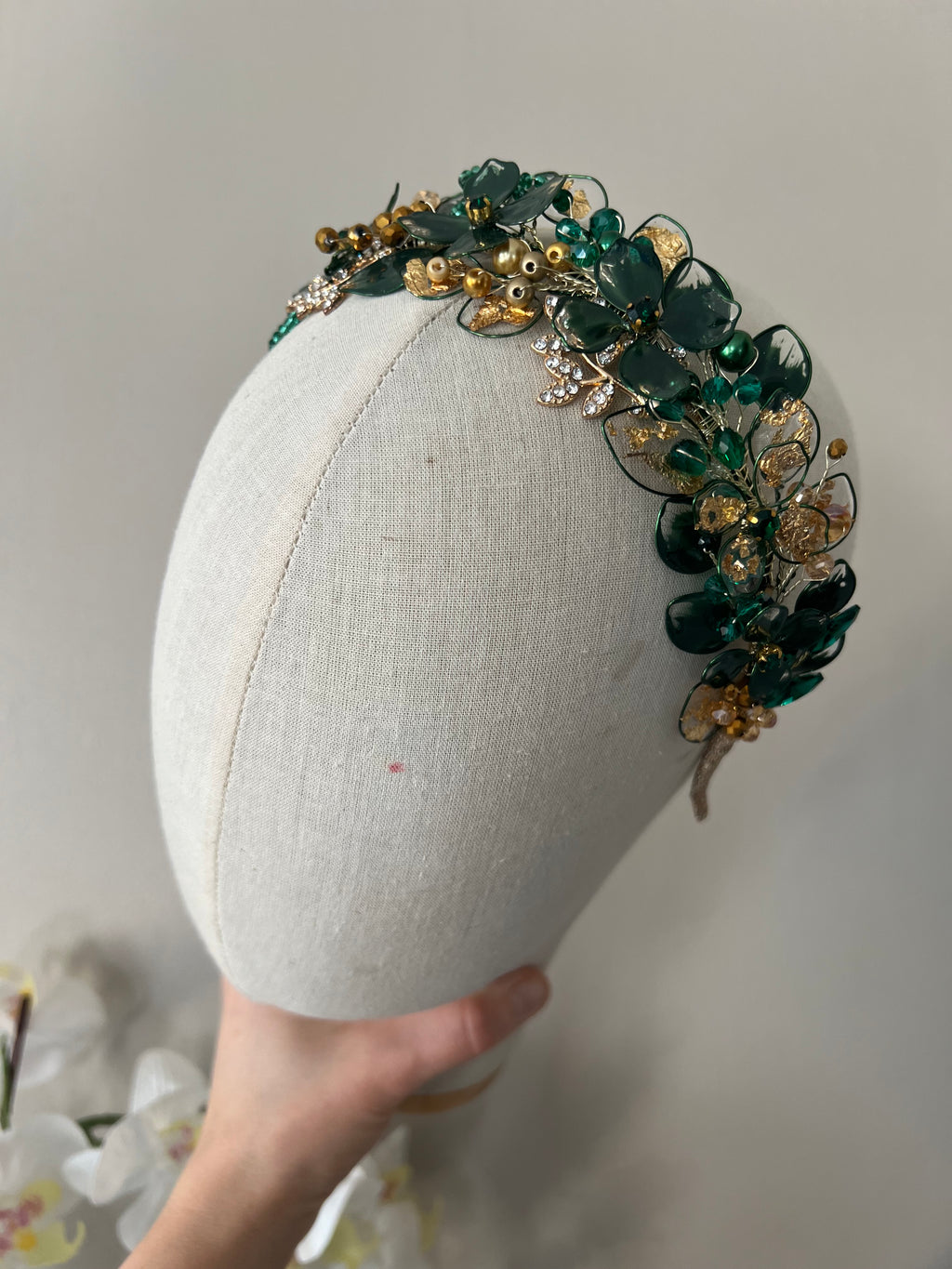 Forest green and Gold Wedding guest Heapdiece