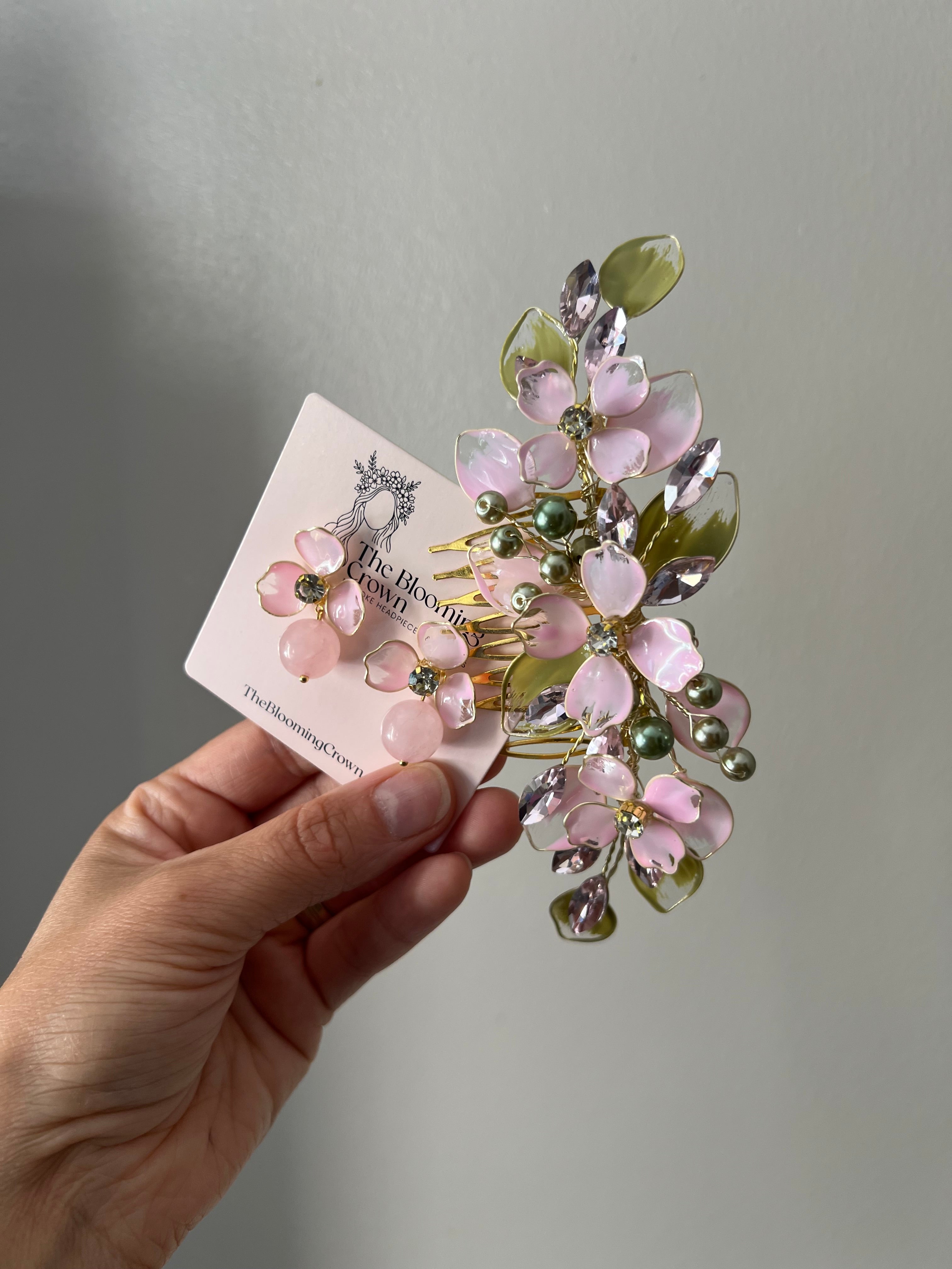 Sage and Pink Comb and Earrings