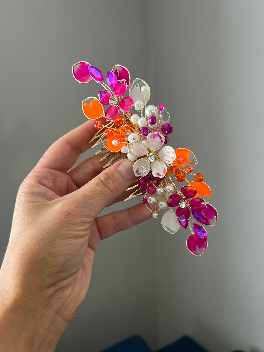 Orange, Fucshia and Beige floral comb and earrings