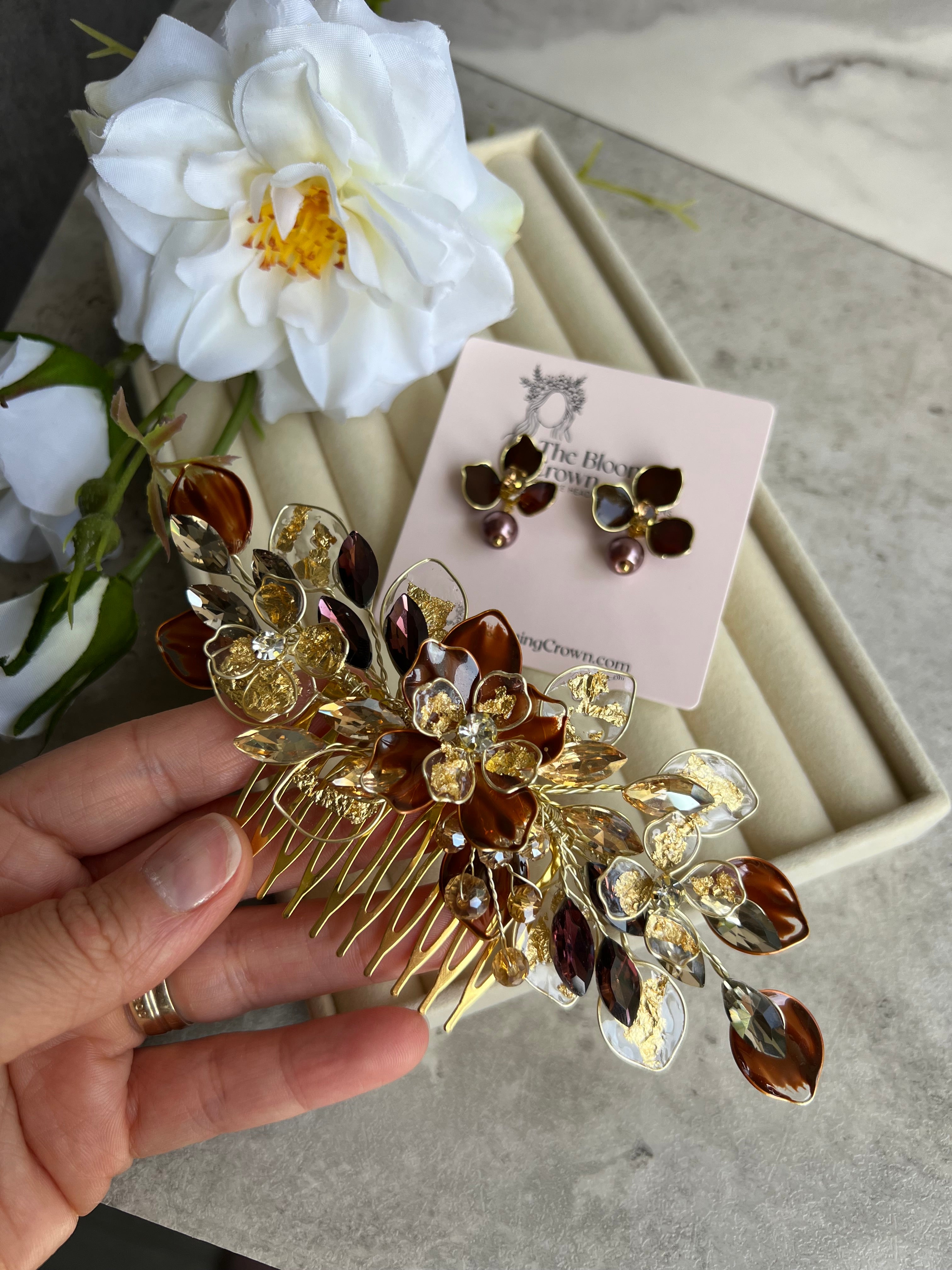 Brown and Gold Comb and Earrings