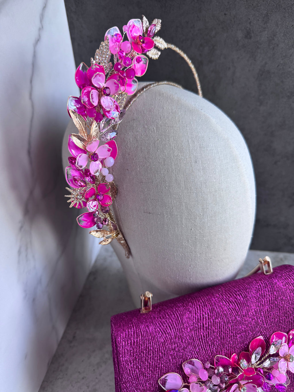 Rental Fuchsia and Pink Half halo wedding guest headpiece
