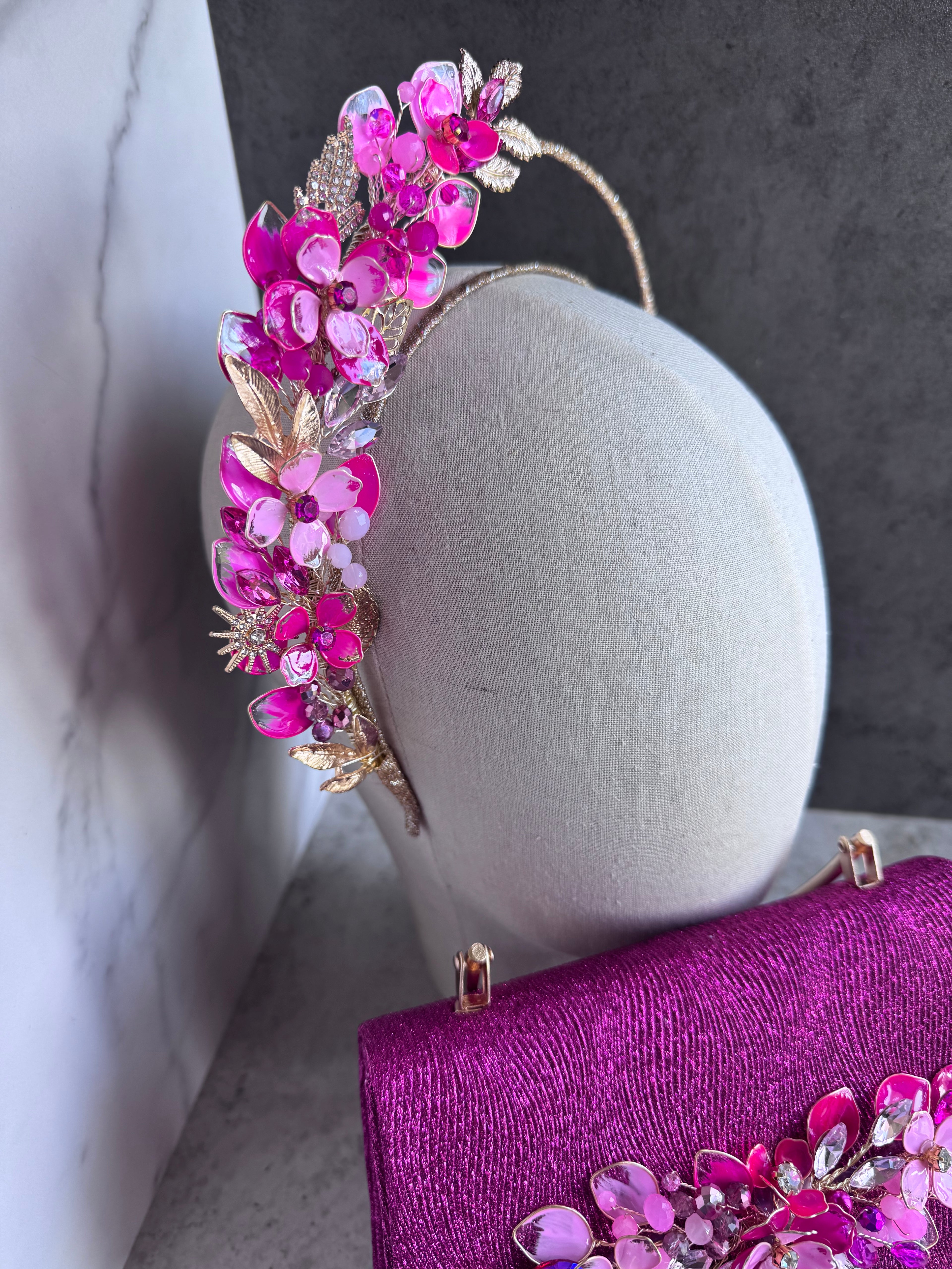 Fuchsia and Pink Half halo wedding guest headpiece