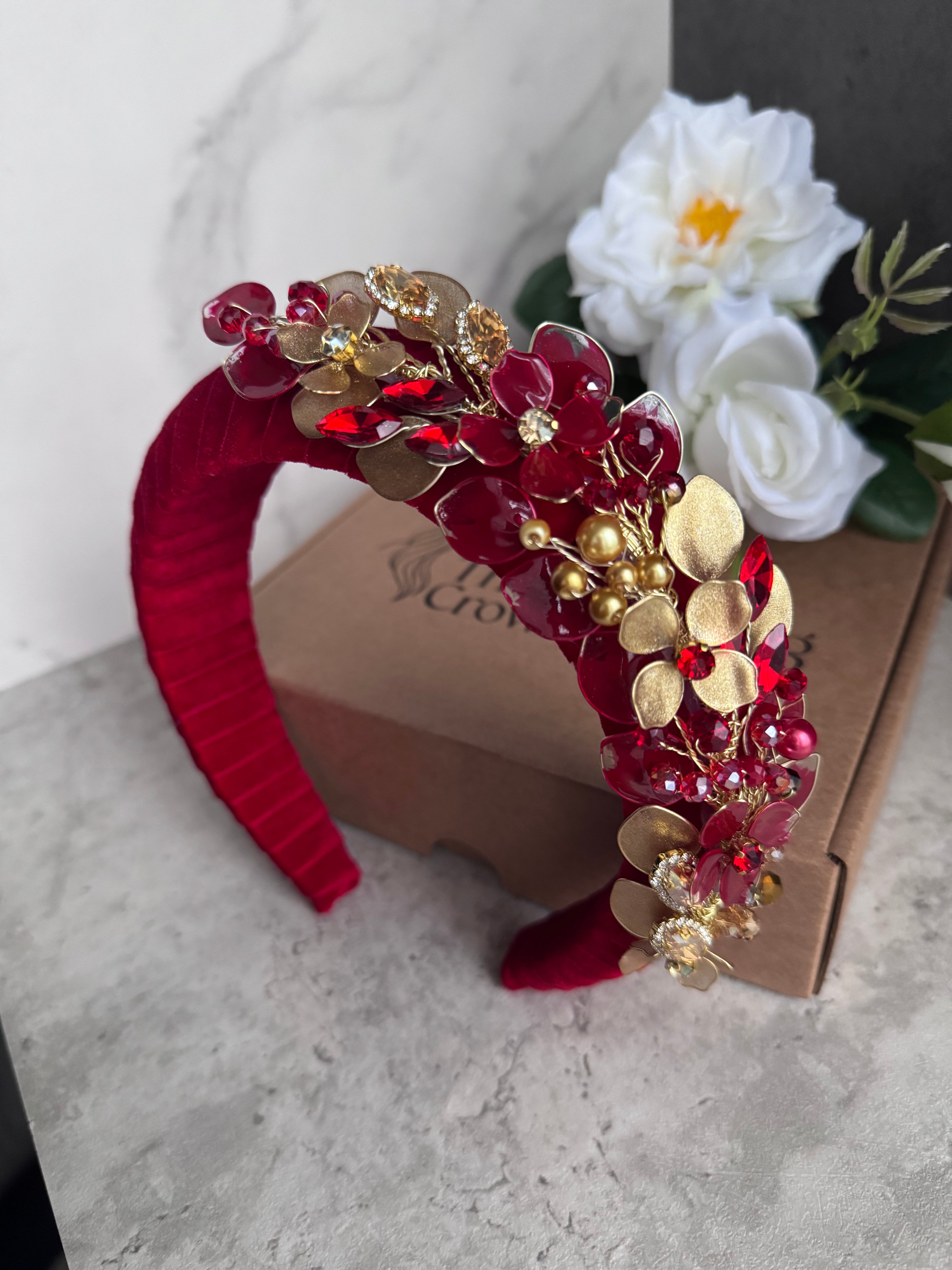 Red headpiece and bag