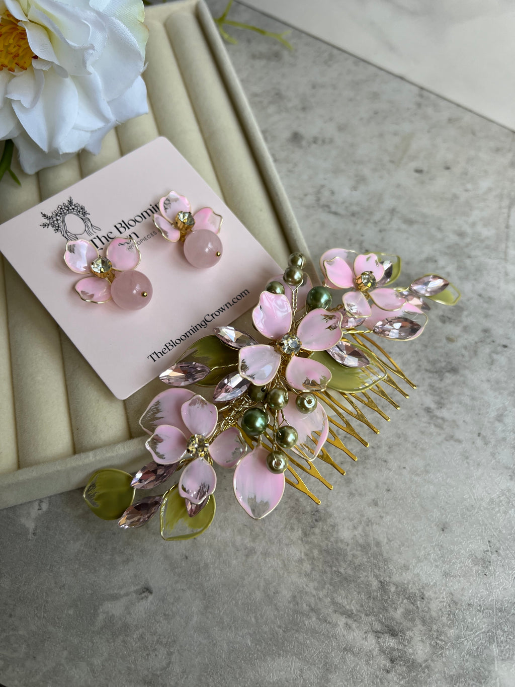 Sage and Pink Comb and Earrings