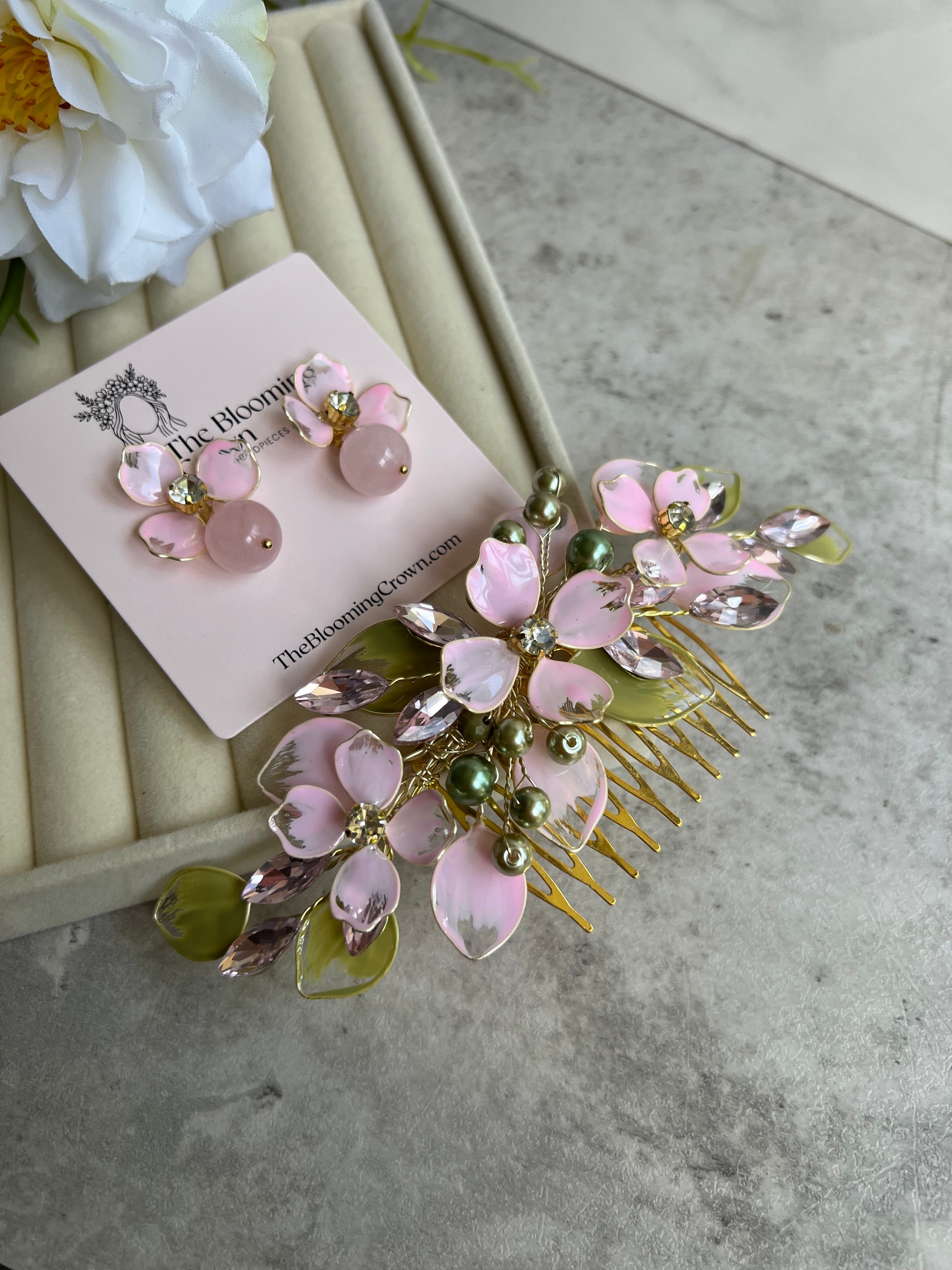 Sage and Pink Comb and Earrings