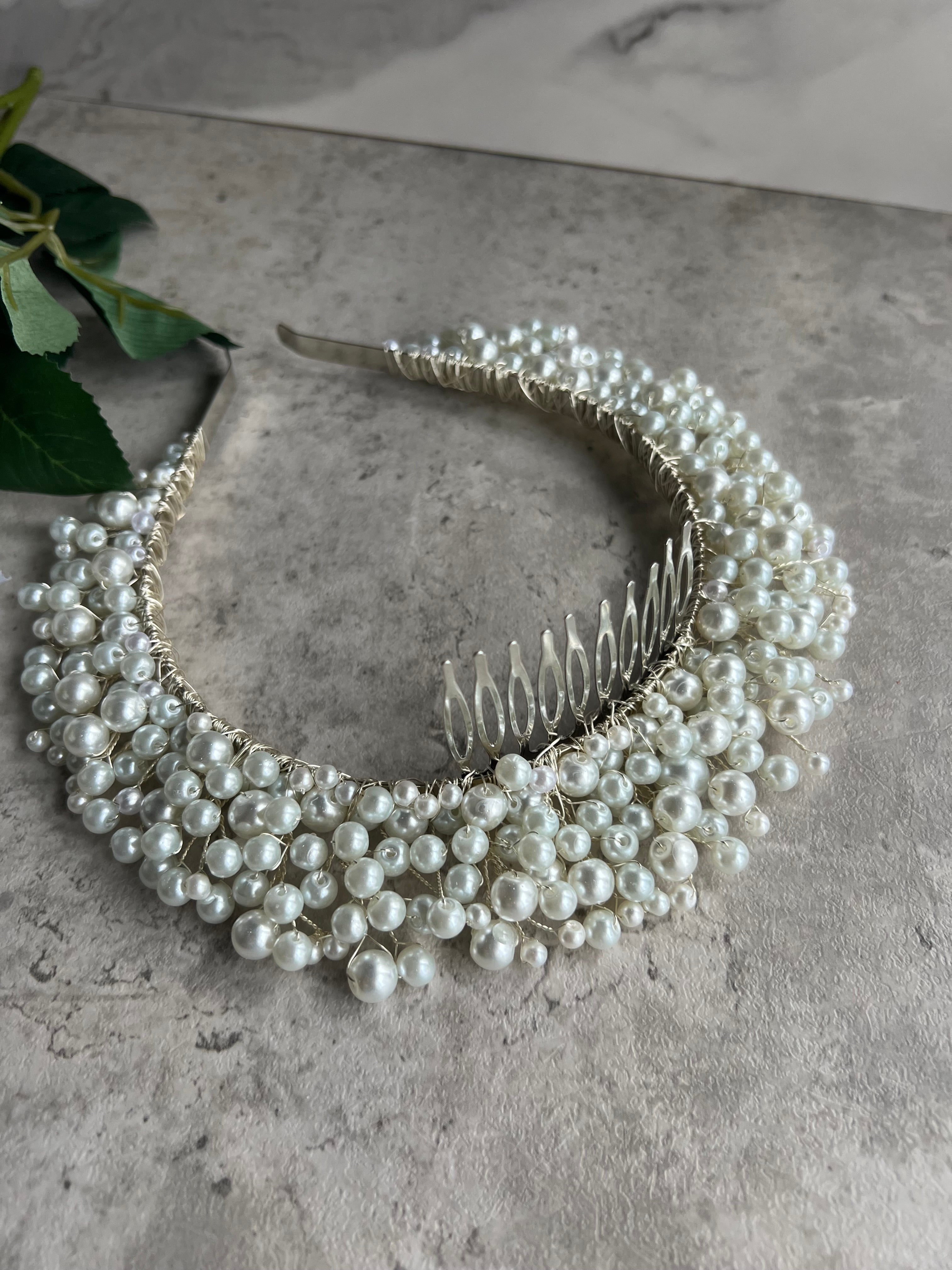 Beaded bridal pearl crown