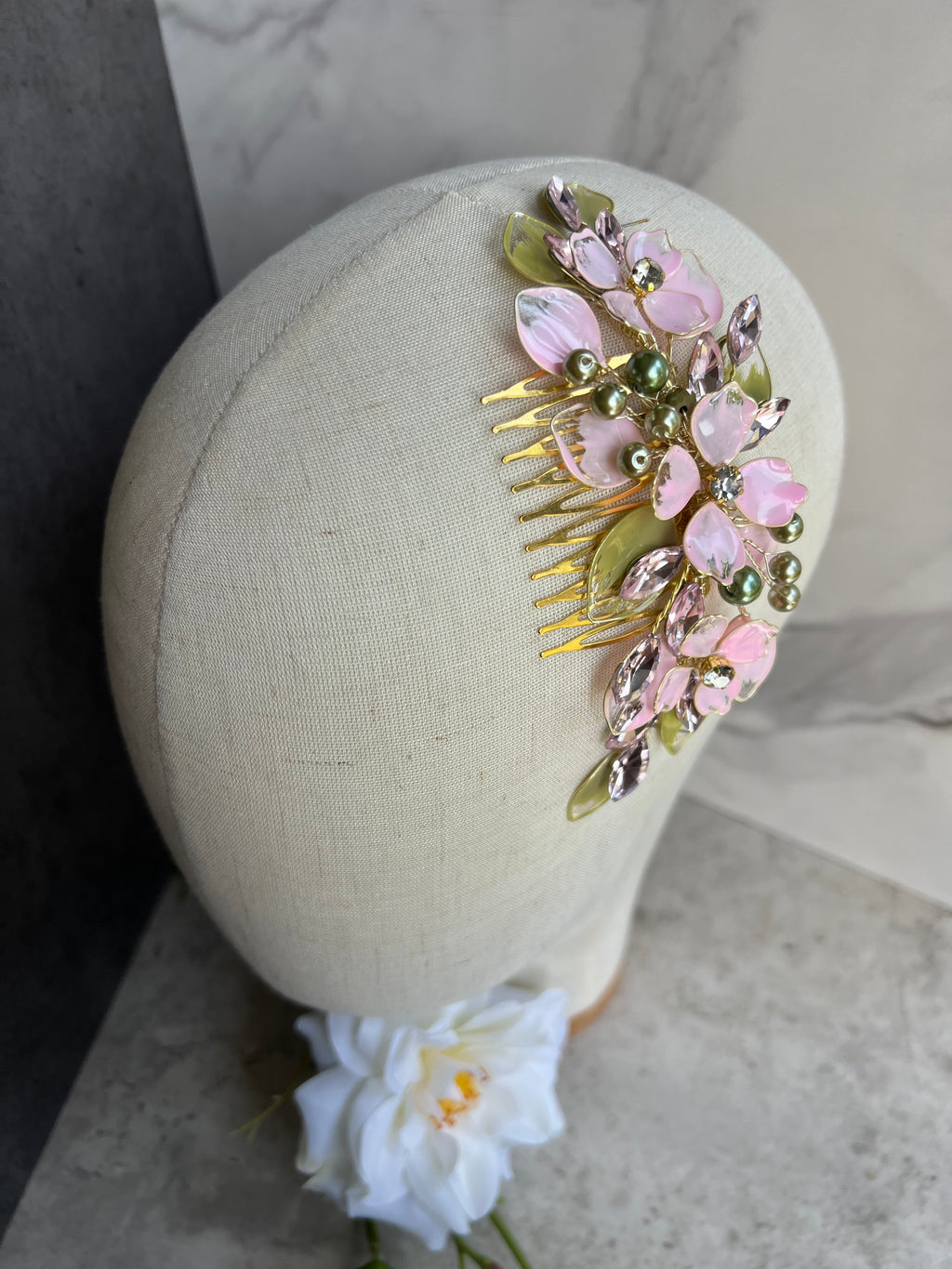 Sage and Pink Comb and Earrings