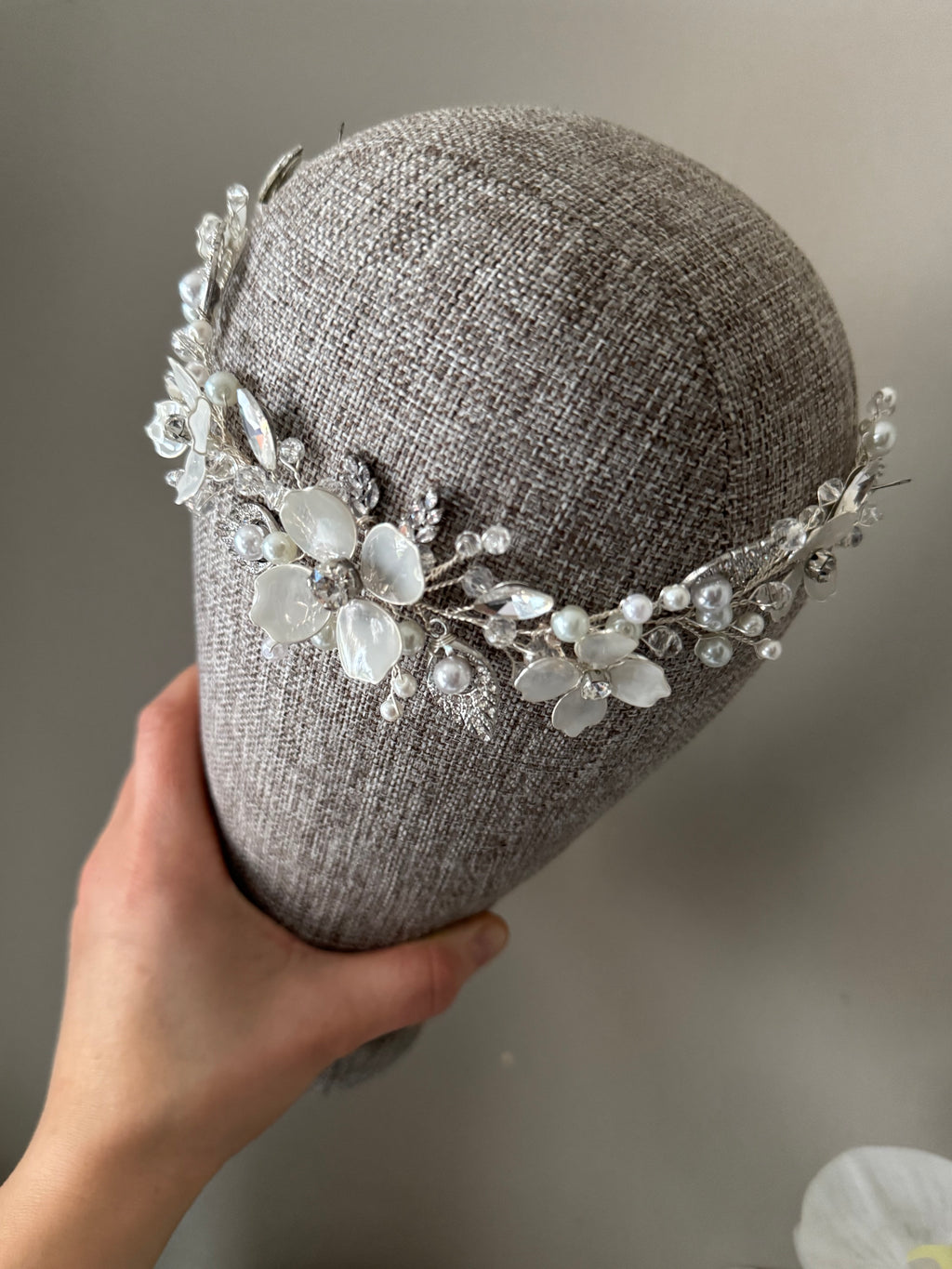 Milky White Floral  Hair Vine – Pearl & Crystal Headpiece