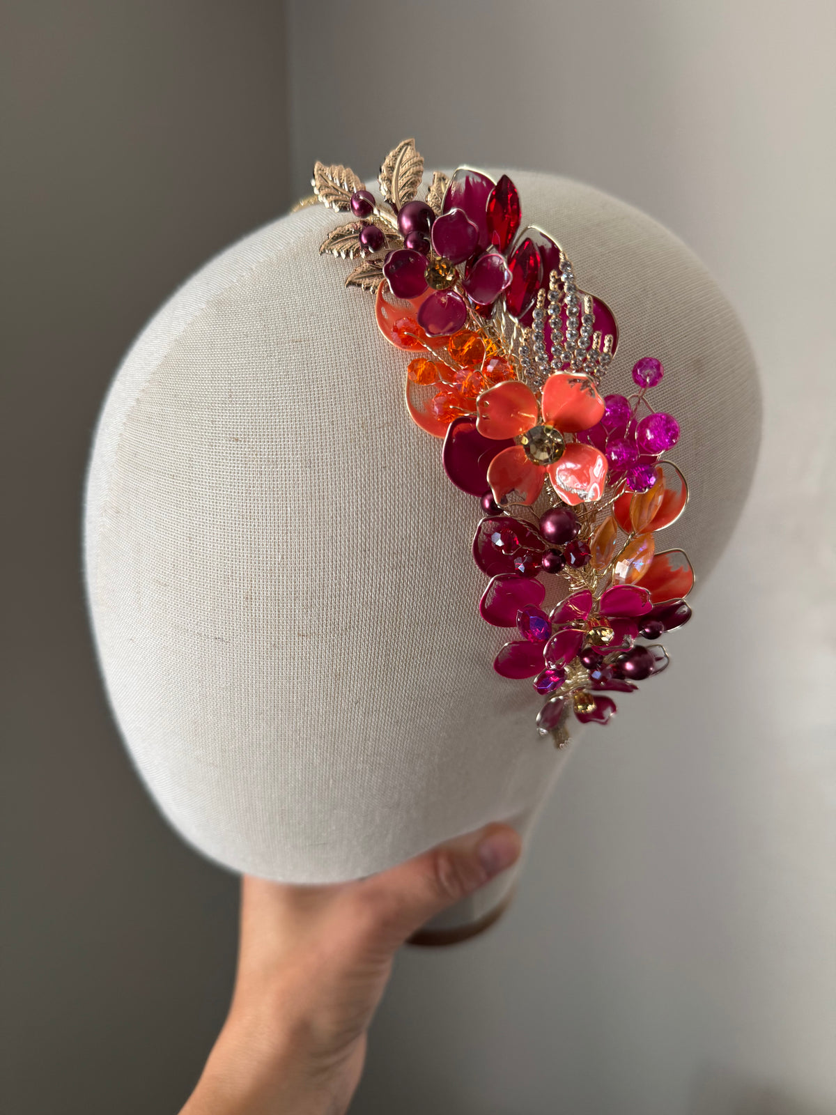 Burgundy, orange and Fucshia side headpiece