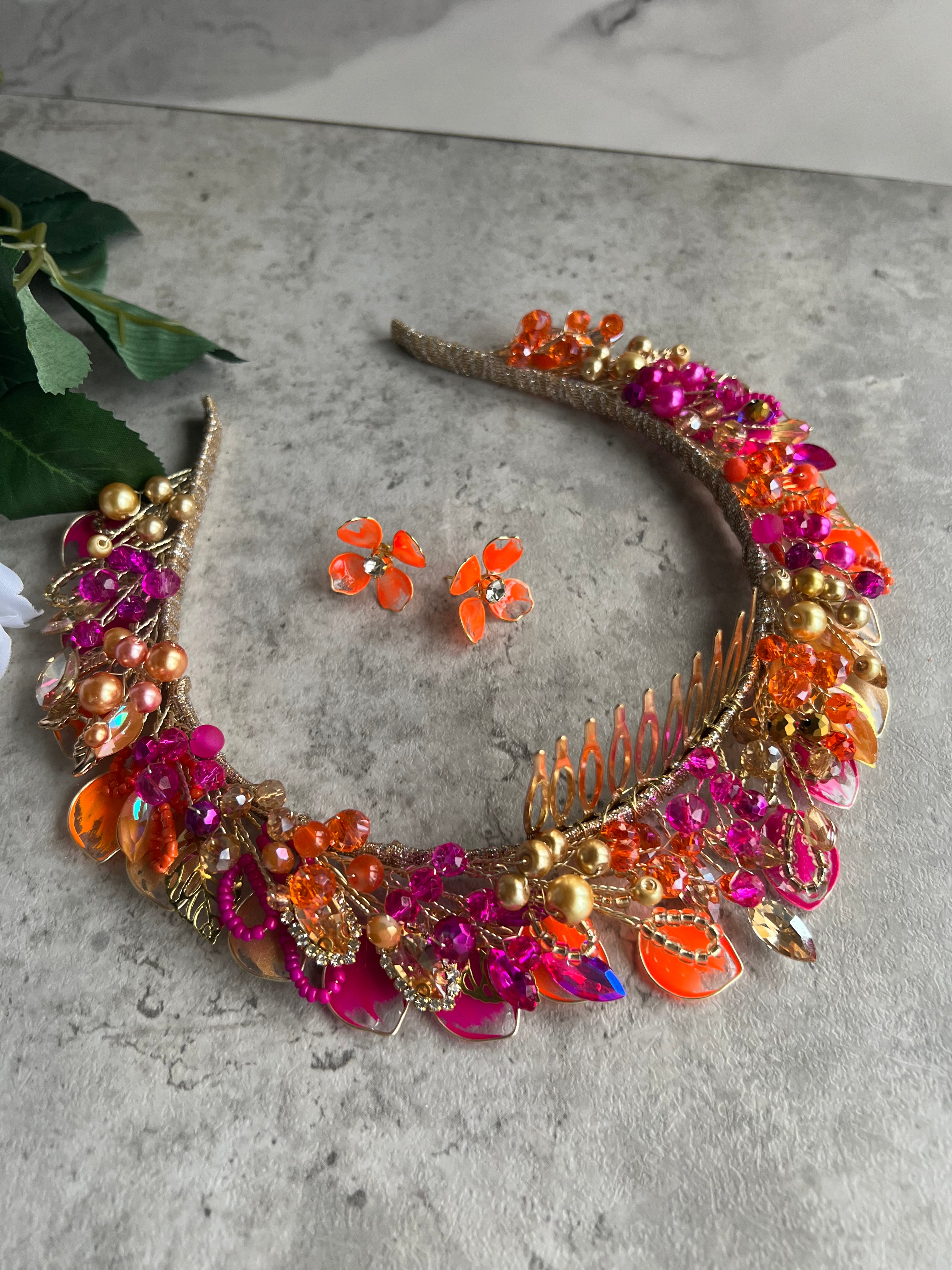 Fucshia, Orange and Gold pointed wedding guest crown