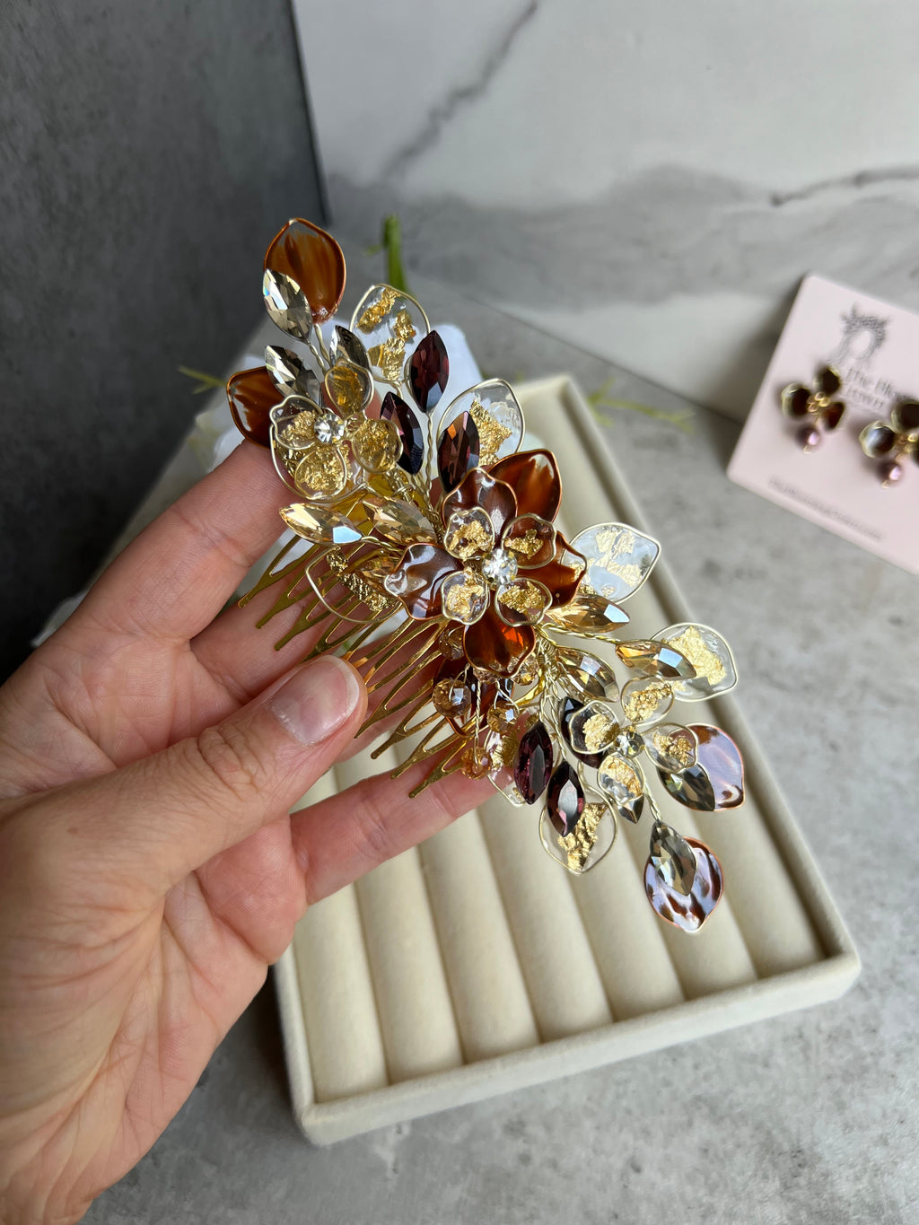 Brown and Gold Comb and Earrings
