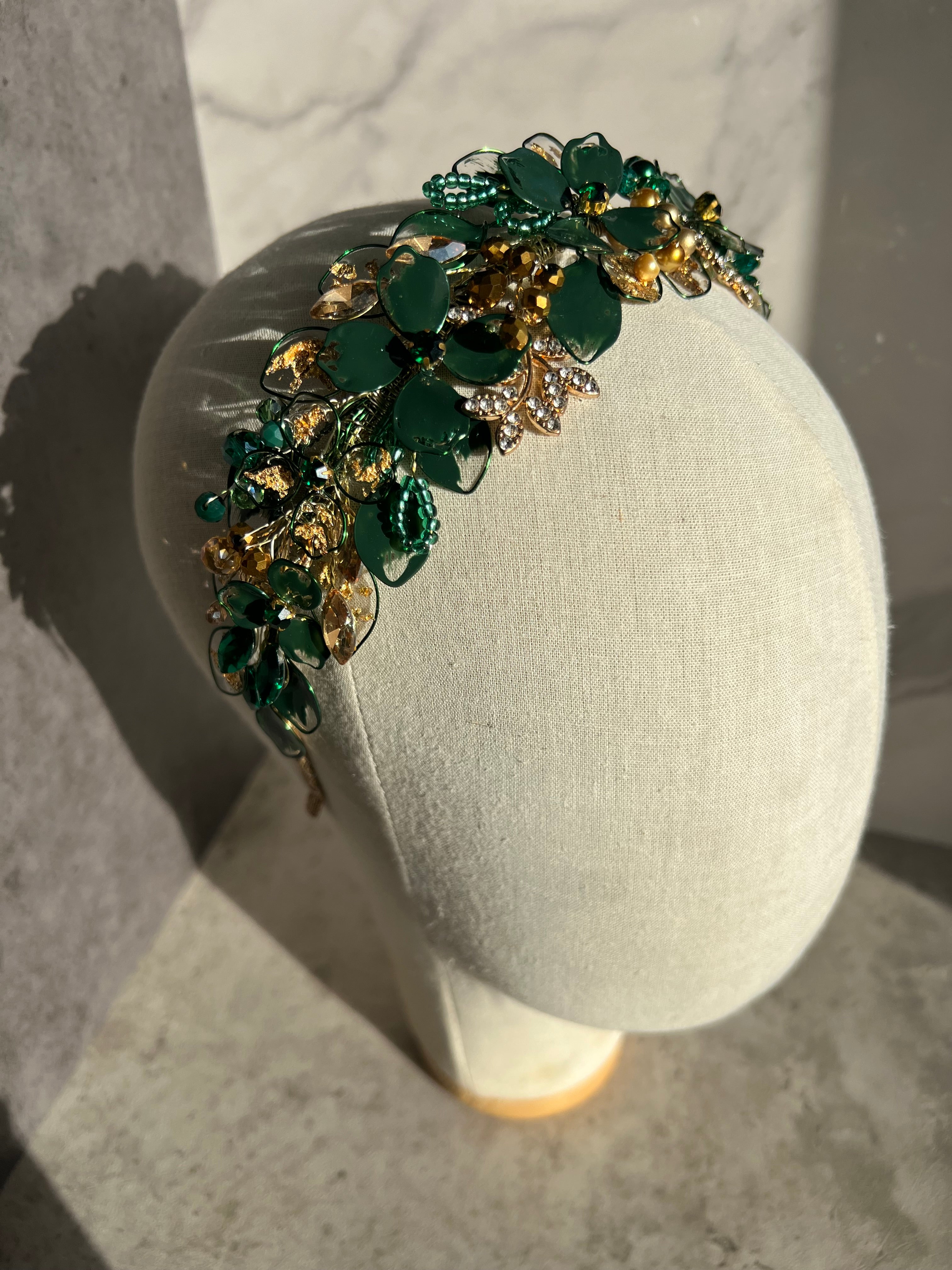 Forest green and Gold Wedding guest Heapdiece