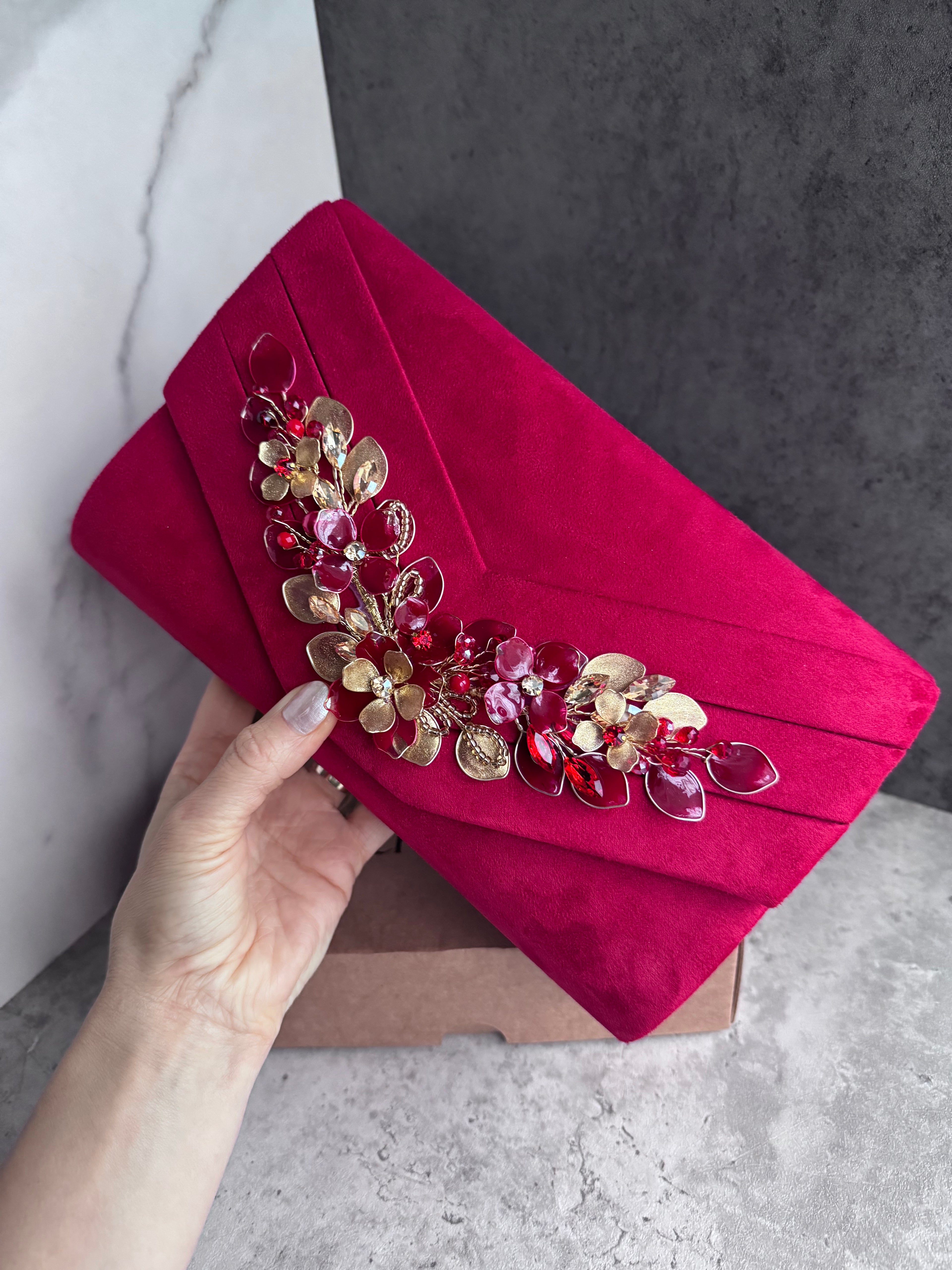 Red headpiece and bag