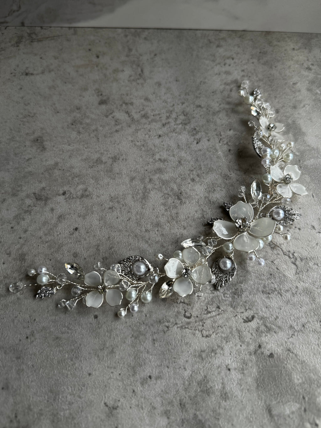 Milky White Floral  Hair Vine – Pearl & Crystal Headpiece
