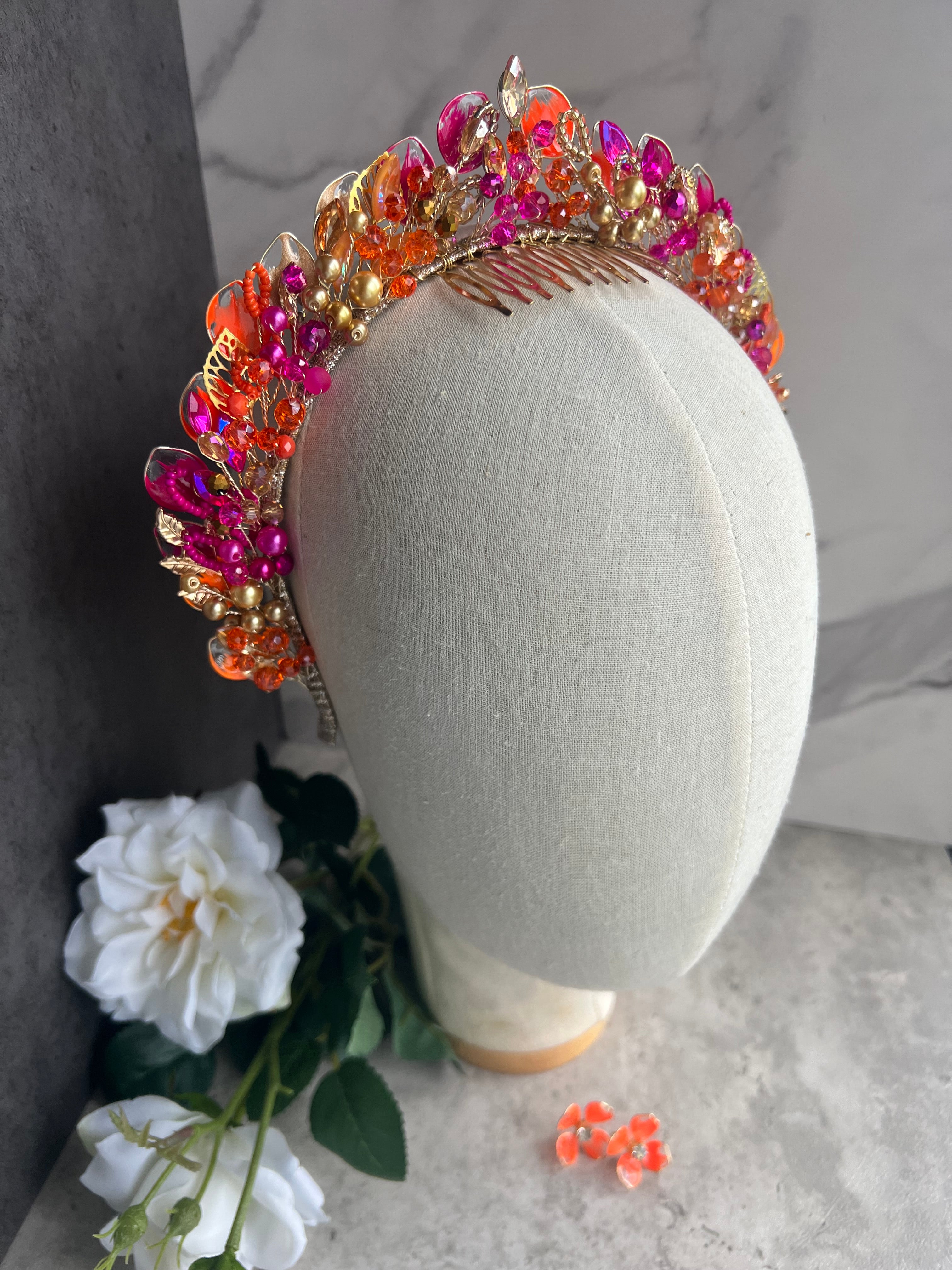 Fucshia, Orange and Gold pointed wedding guest crown