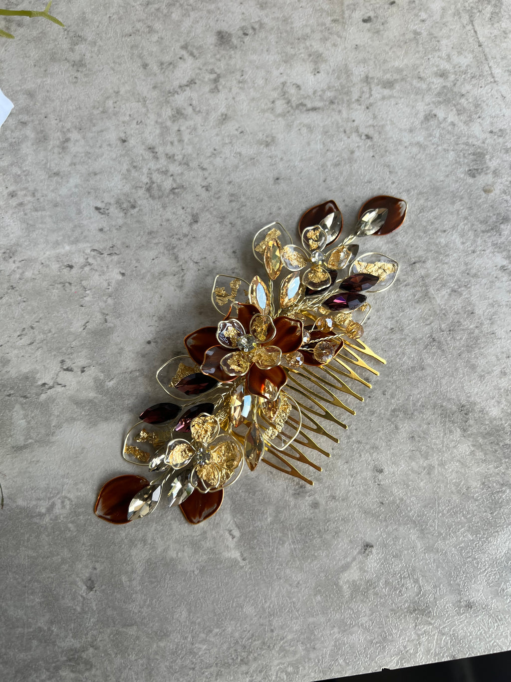 Brown and Gold Comb and Earrings