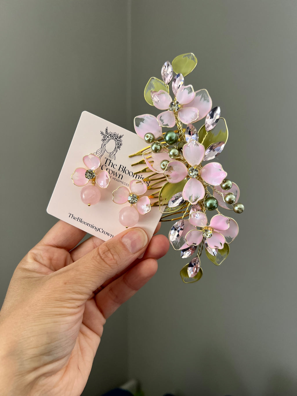 Sage and Pink Comb and Earrings