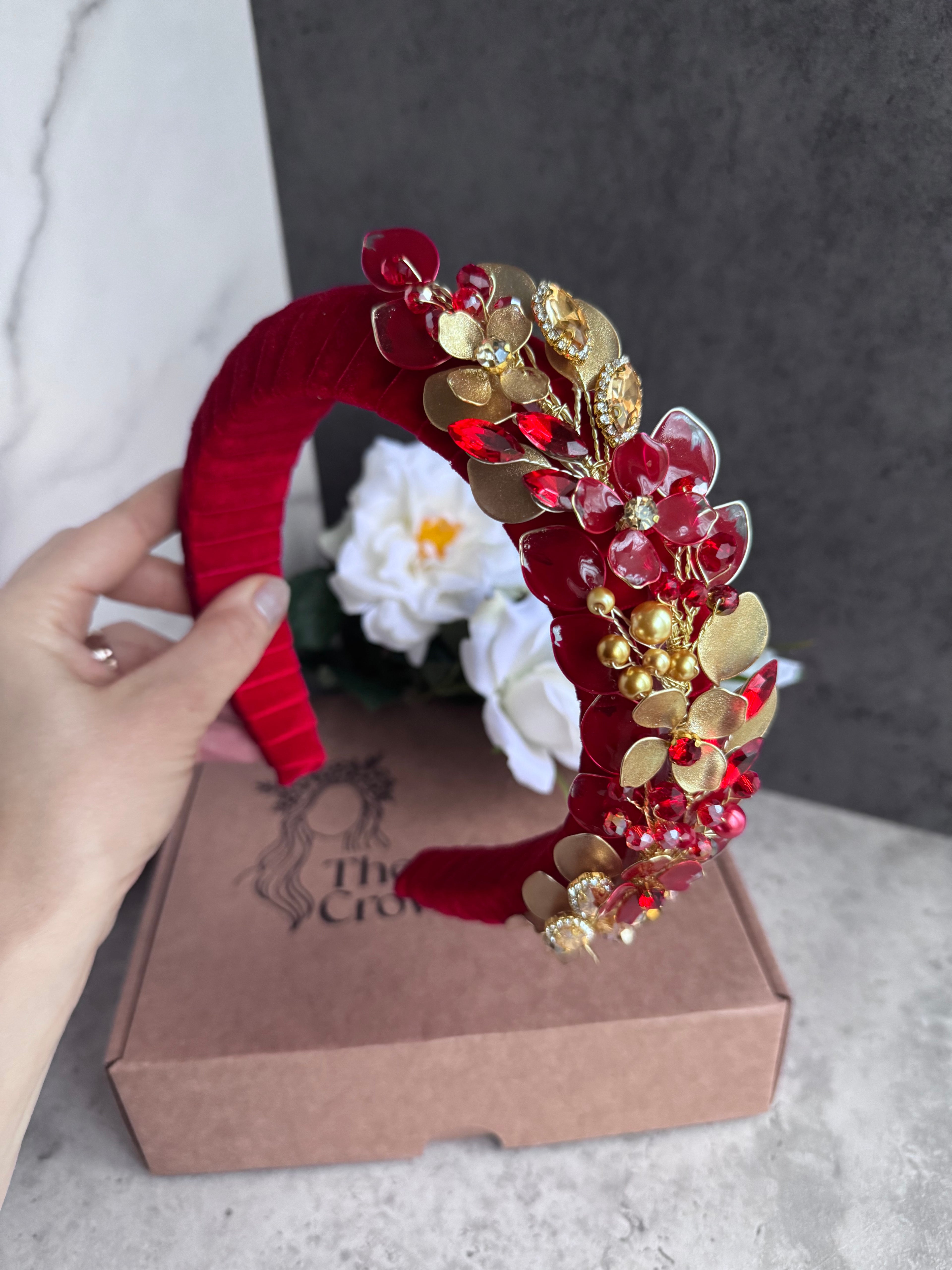 Red headpiece and bag