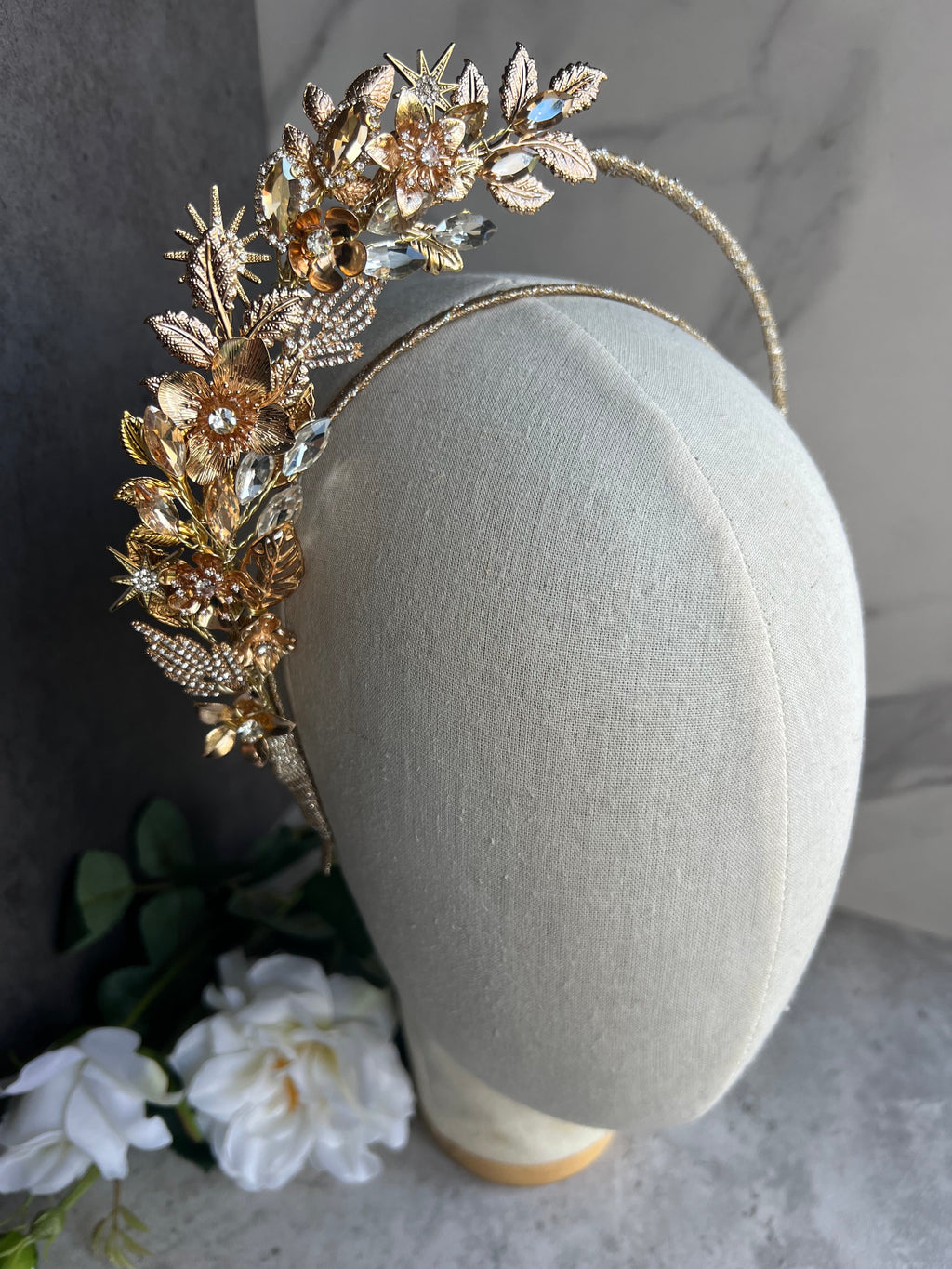 Gold Celestial Floral Half Halo Headpiece Gold Celestial Floral Half Halo Headpiece Precius pearls