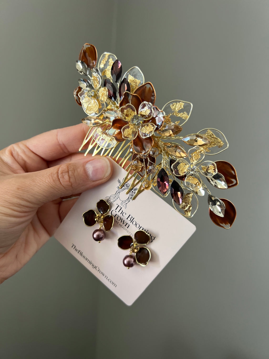 Brown and Gold Comb and Earrings