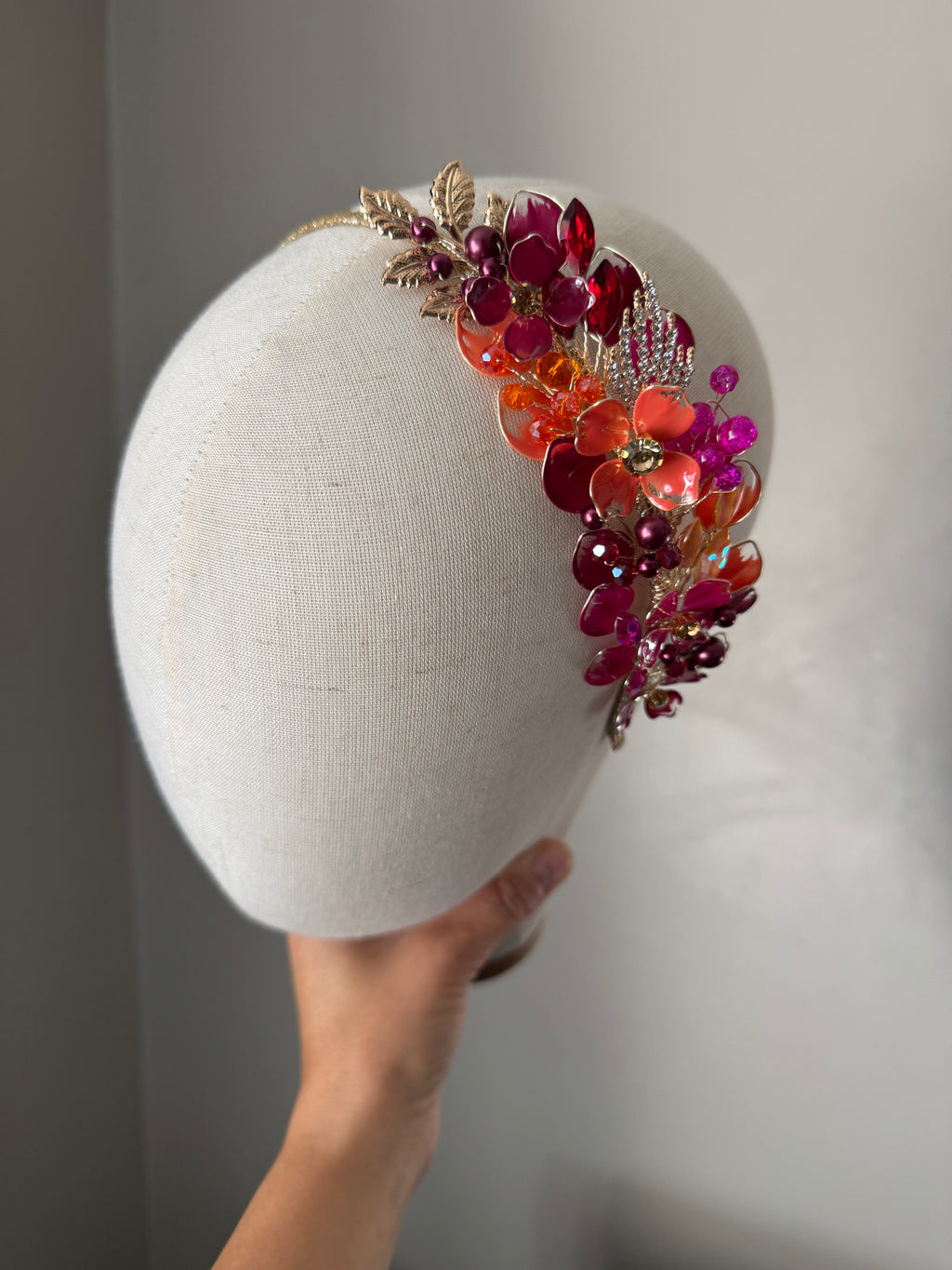 Burgundy, orange and Fucshia side headpiece