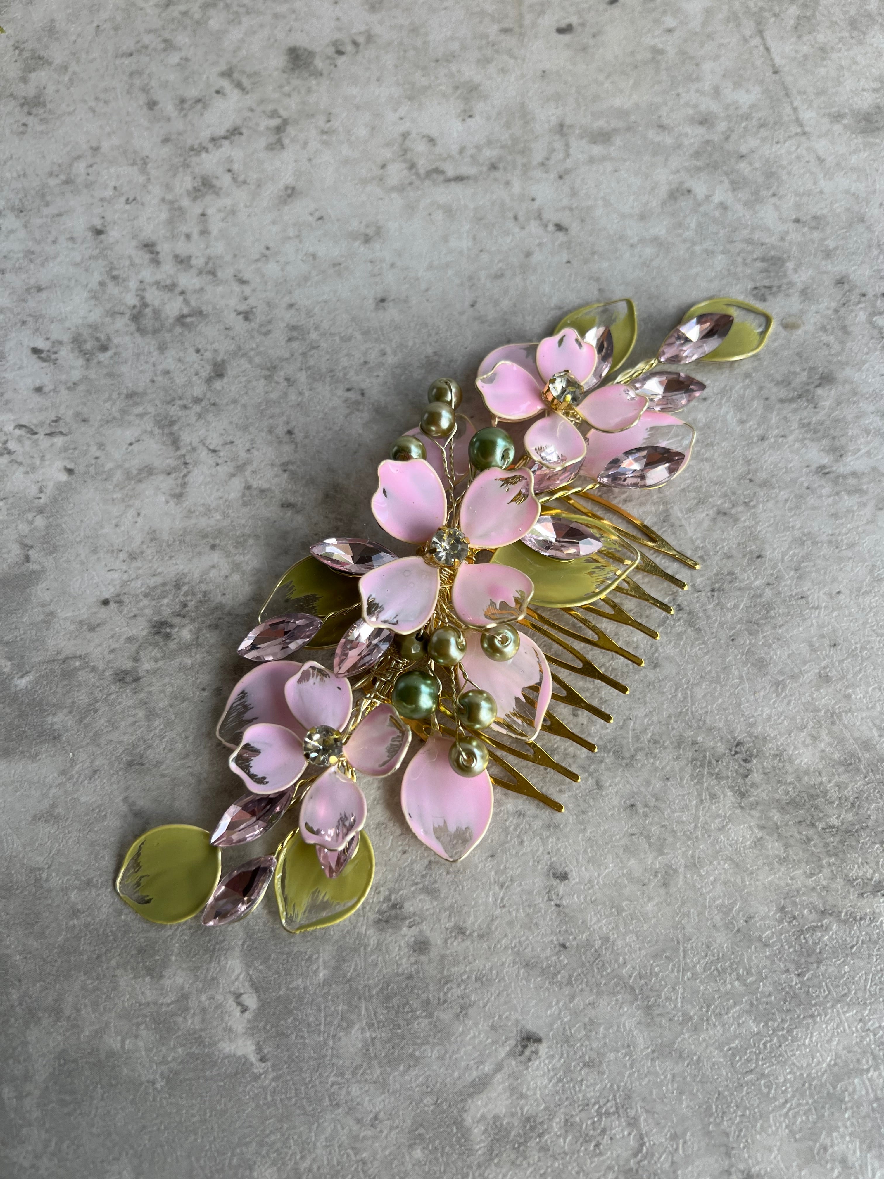 Sage and Pink Comb and Earrings