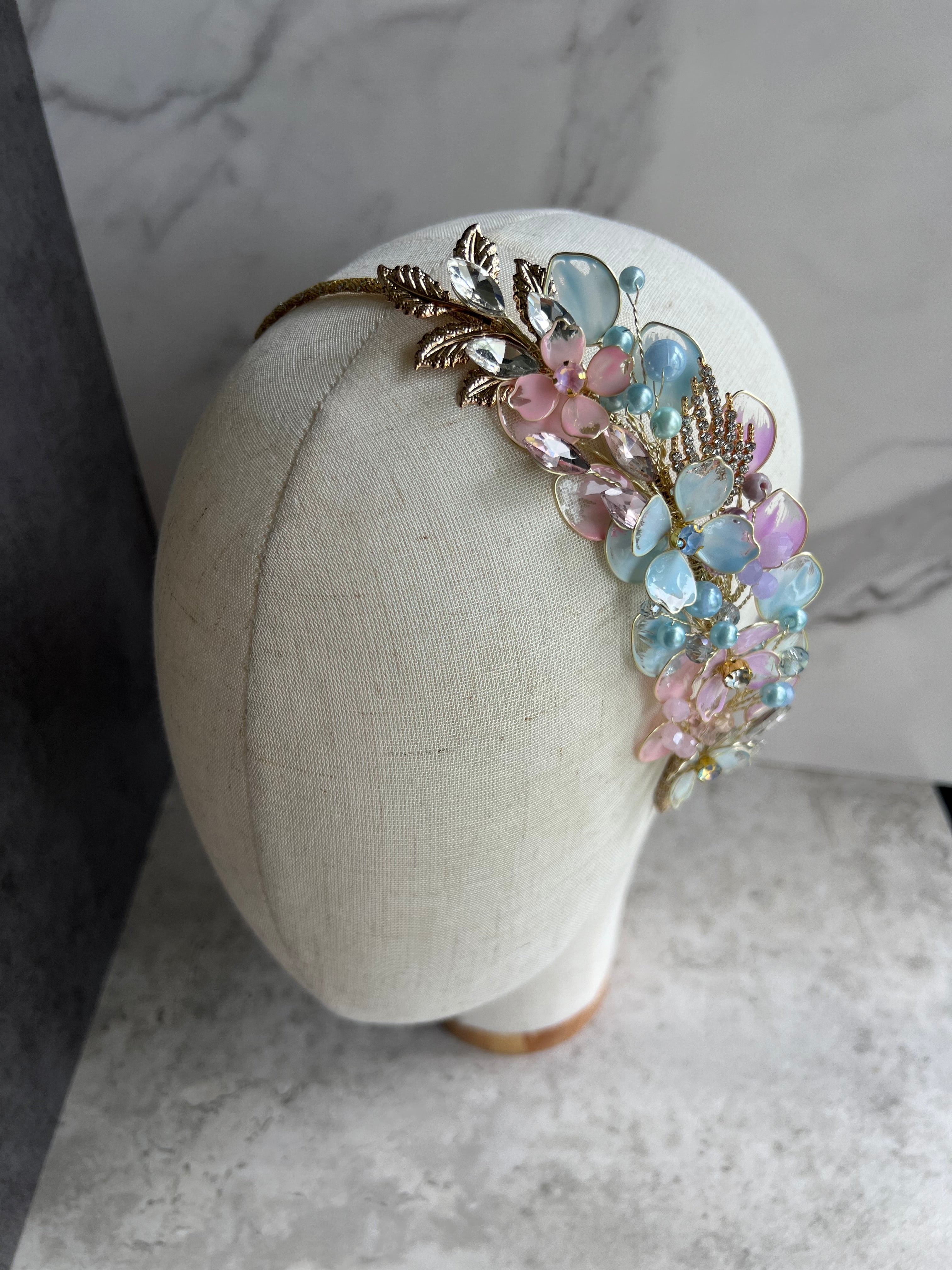 Pastel Blue, lilac and pink side wedding guest Heapdiece