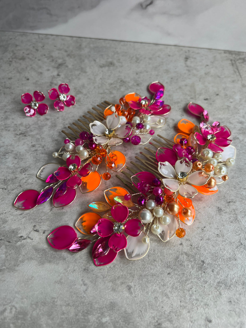 Orange, Fucshia and Beige floral comb and earrings