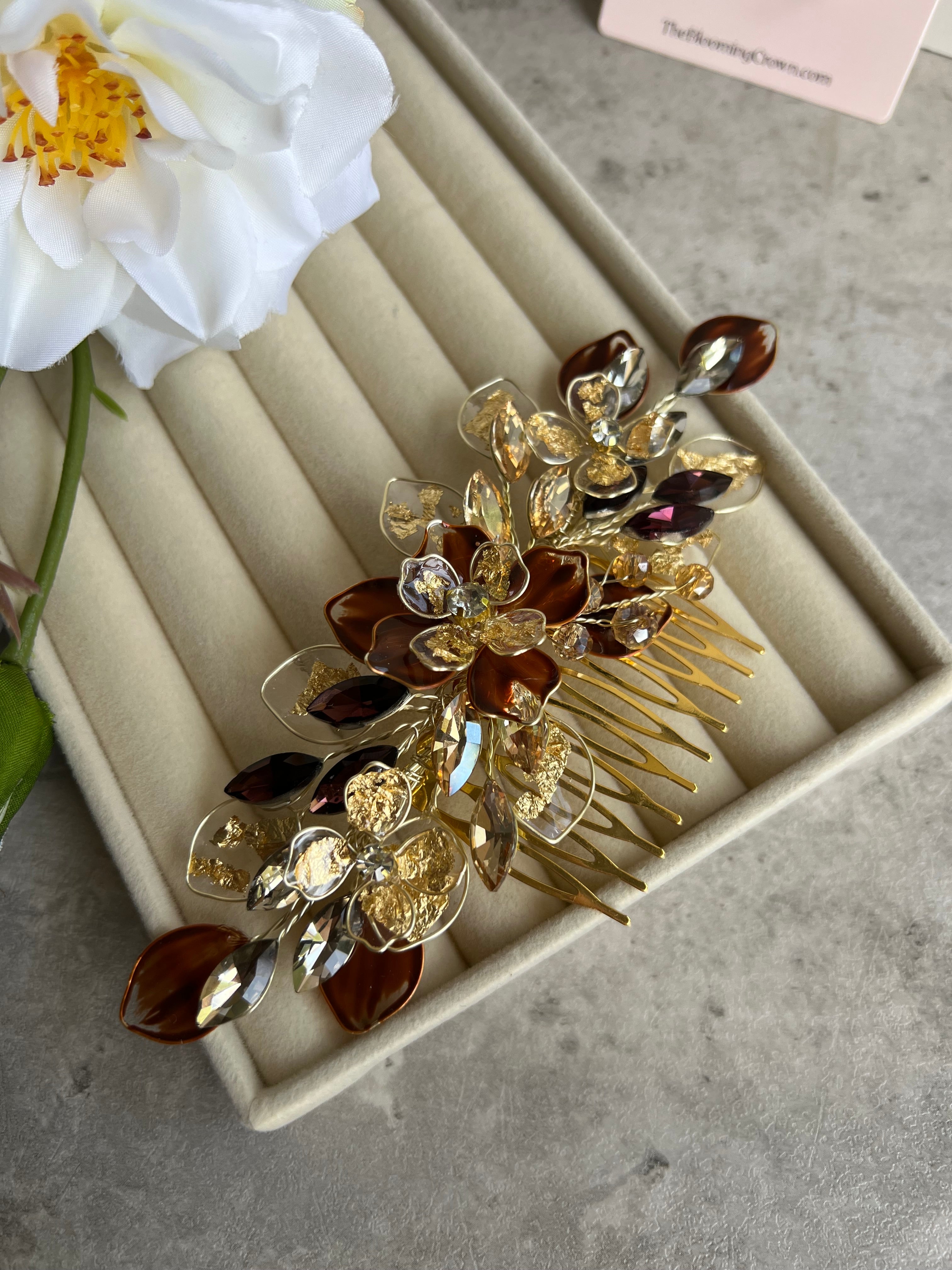 Brown and Gold Comb and Earrings