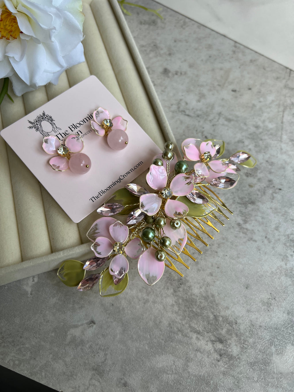 Sage and Pink Comb and Earrings