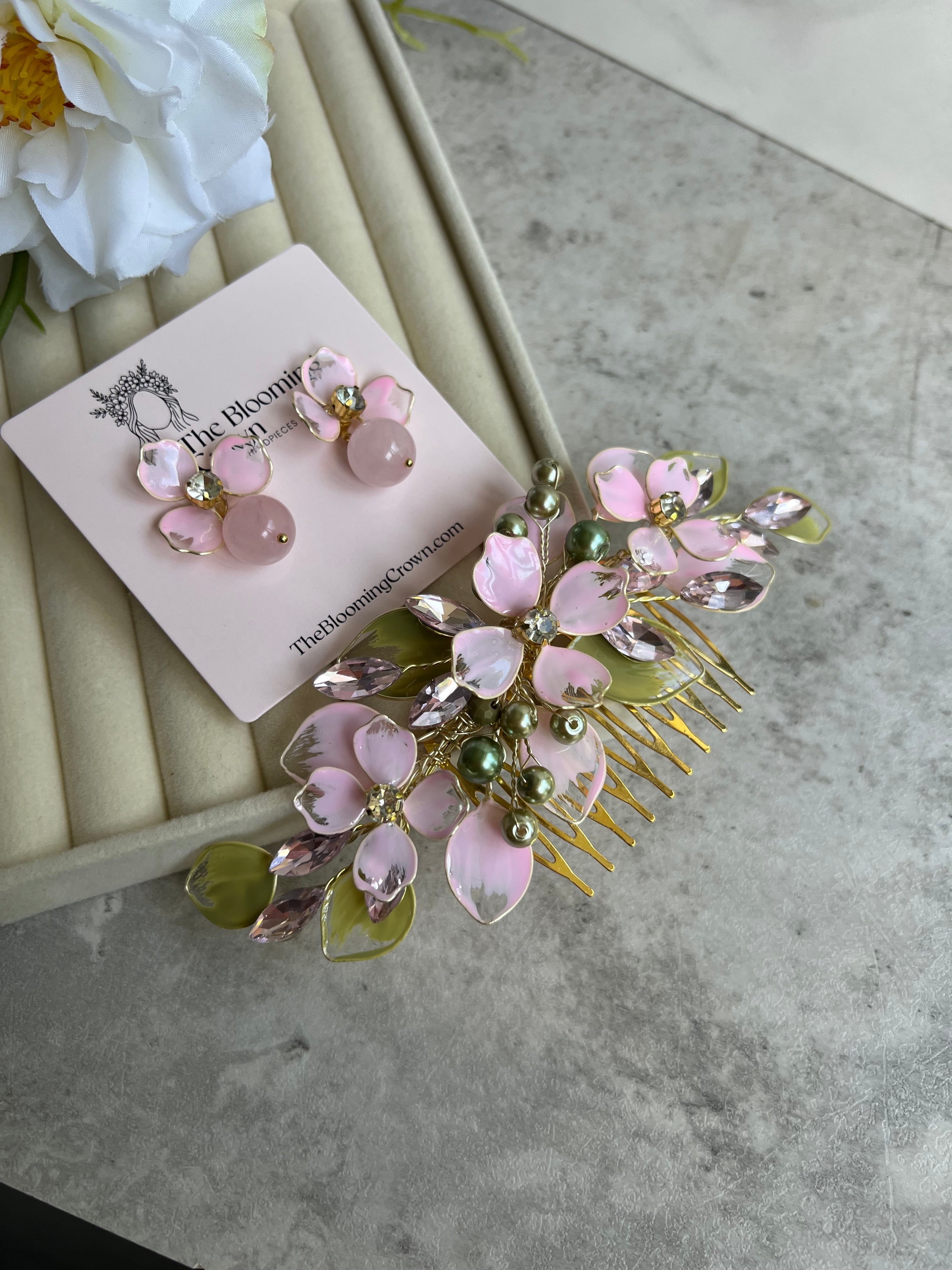 Sage and Pink Comb and Earrings