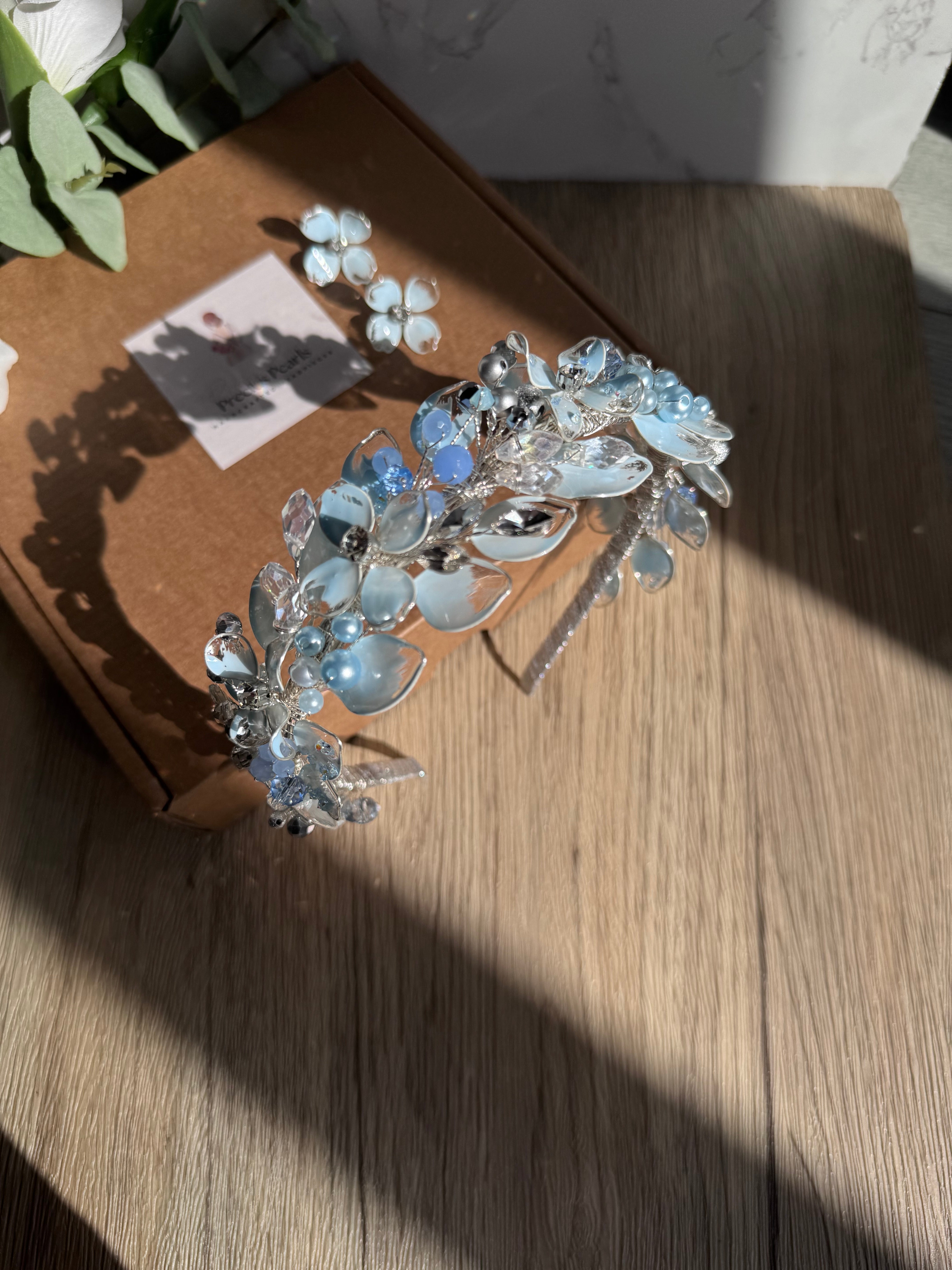 Light Blue wedding guest headpiece. – The Blooming Crown