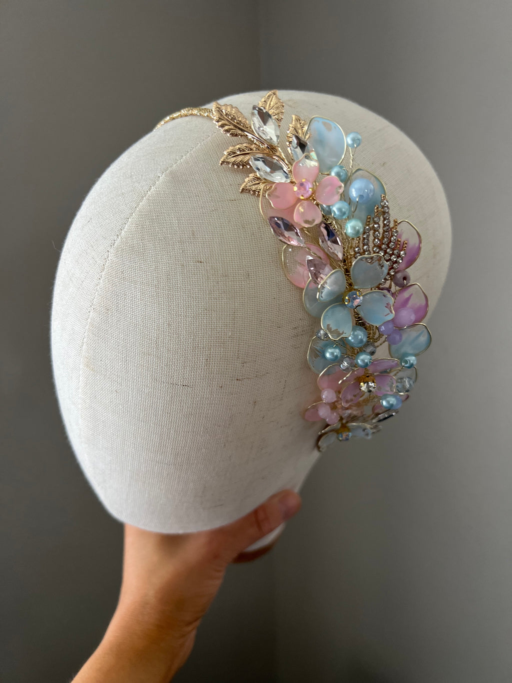 Pastel Blue, lilac and pink side wedding guest Heapdiece