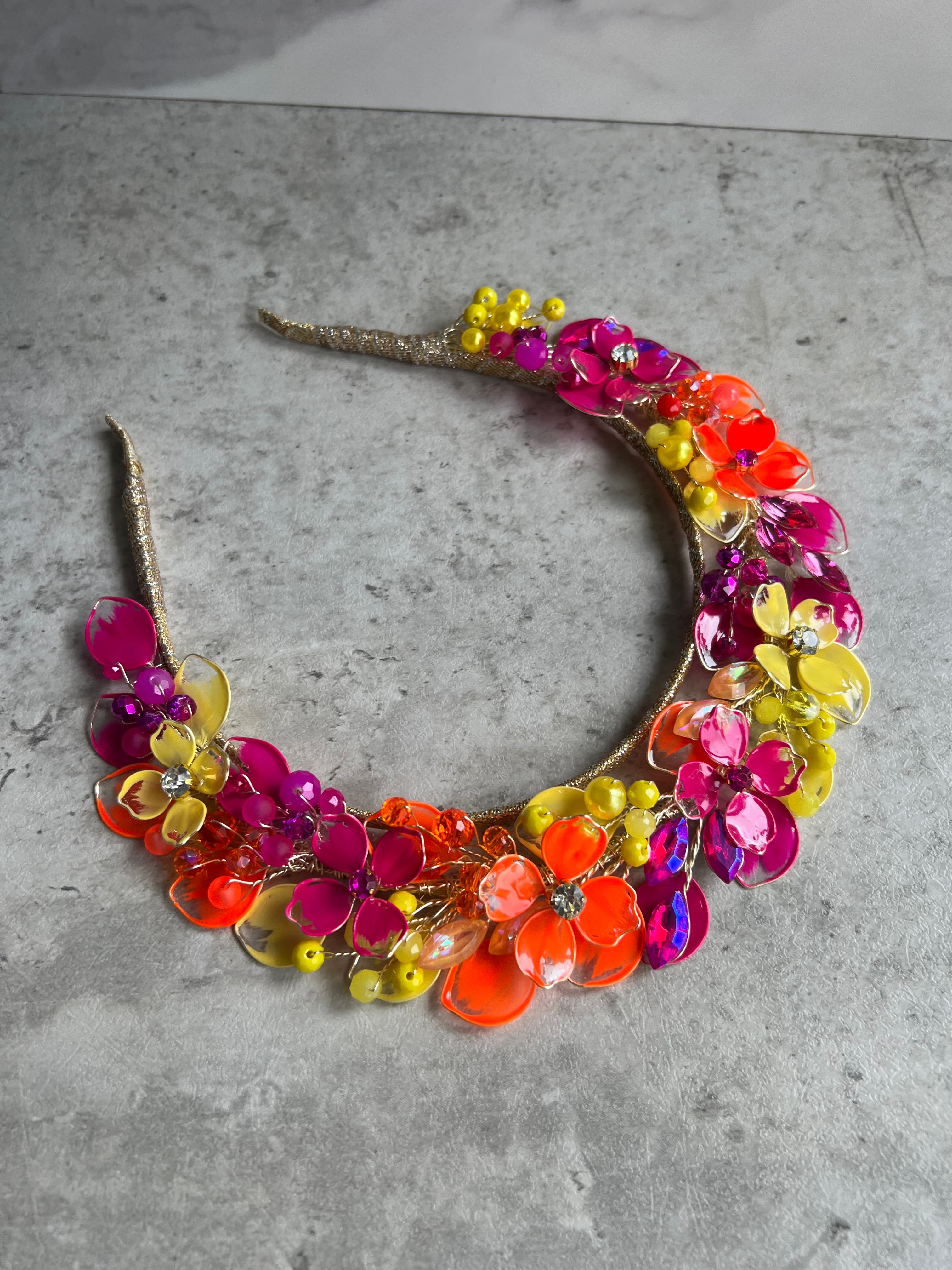 Yellow, Fucshia and Orange wedding guest halo