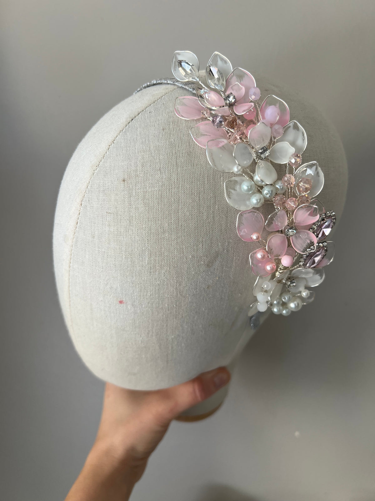 Pink and Milky white side Heapdiece with matching Earrings and Bag