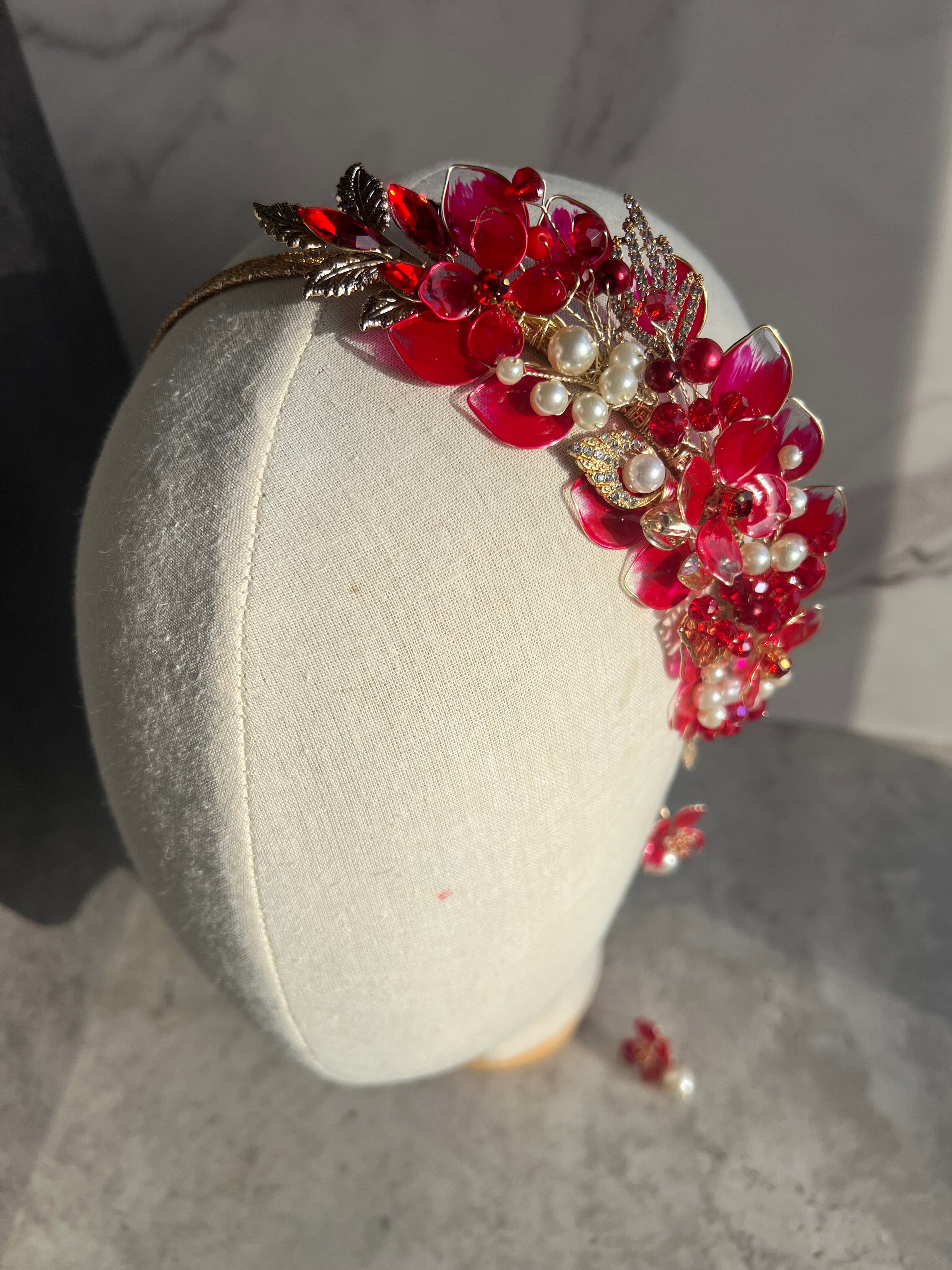 Red side wedding guest headpiece